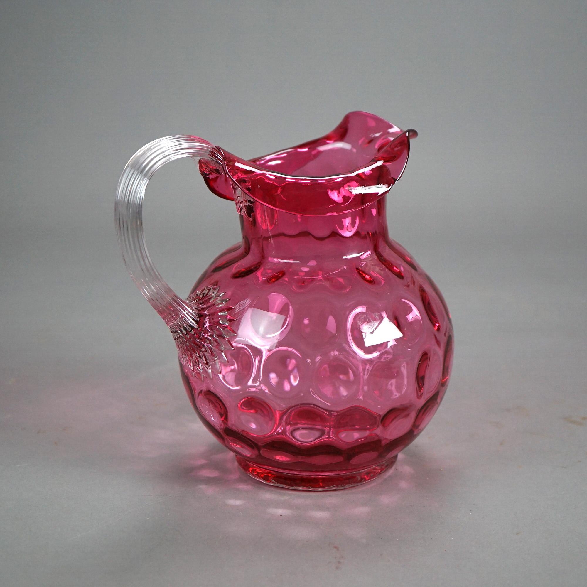 Art Glass Antique Mount Washington Cranberry Coinspot Glass Pitcher with Ribbed Handle