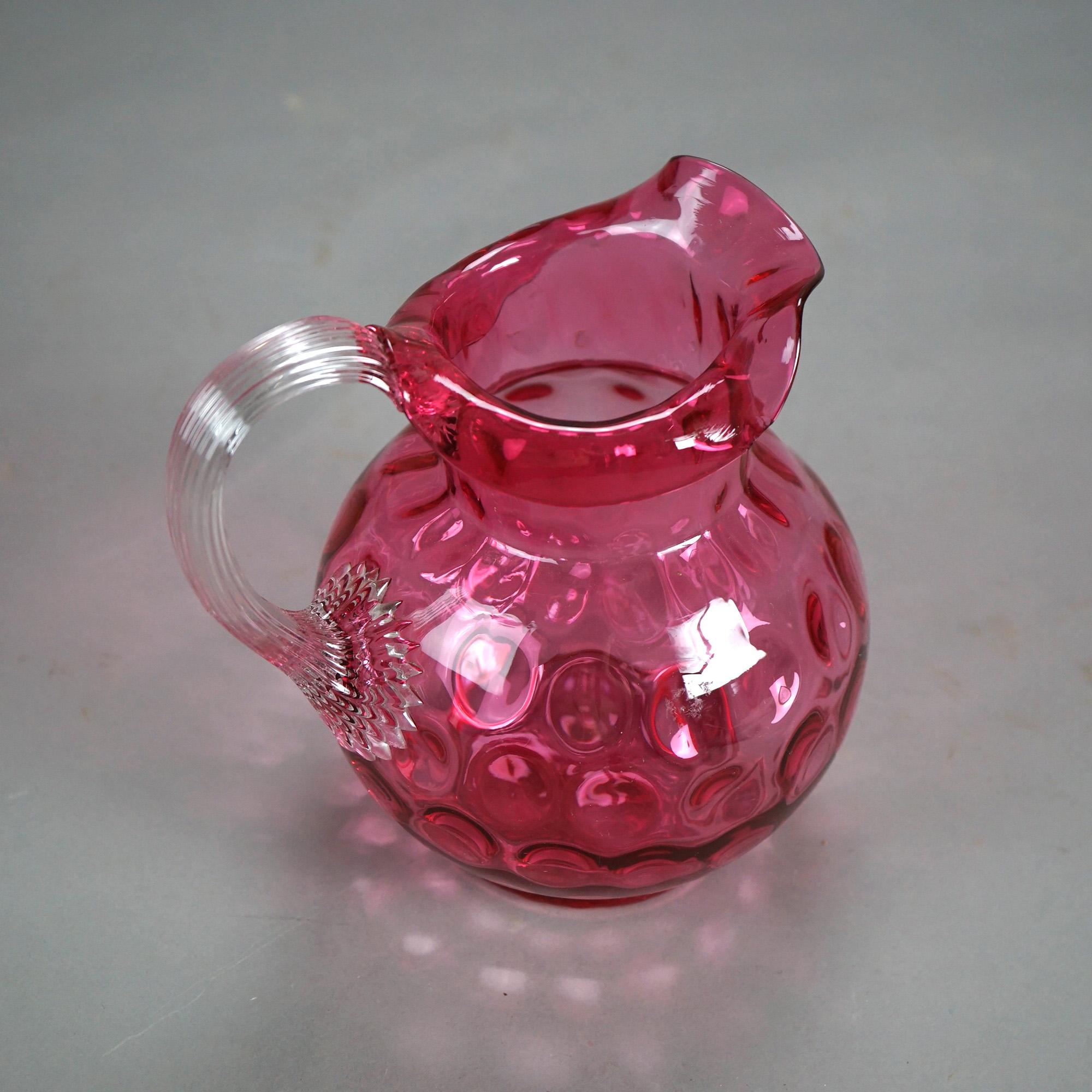 Antique Mount Washington Cranberry Coinspot Glass Pitcher with Ribbed Handle 1