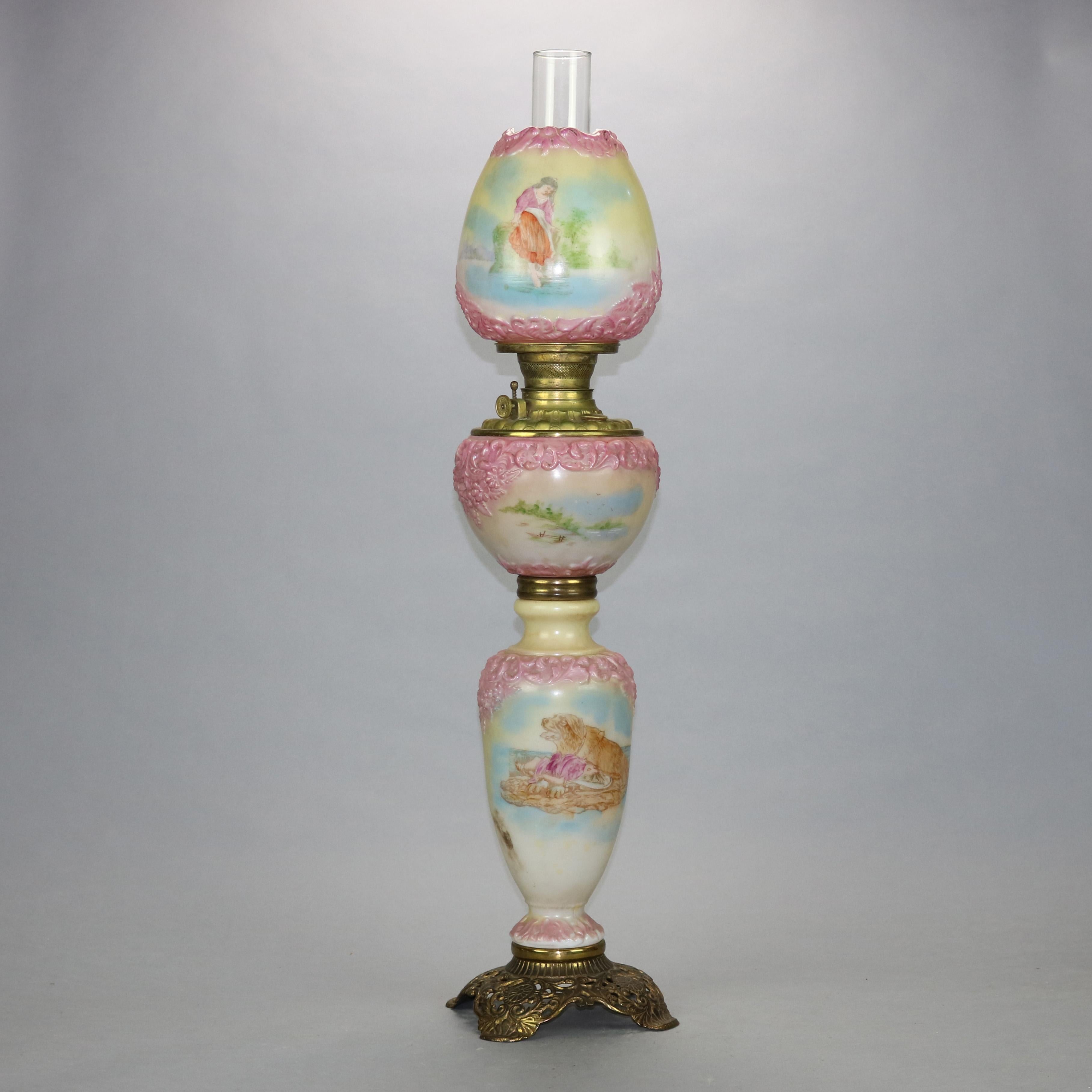 An antique Mount Washington gone with the wind parlor oil lamp offers blown out glass shade and base with hand painted scenes with girl and dog, raised on foliate cast bronze base, c1890.

Measures: 33.5