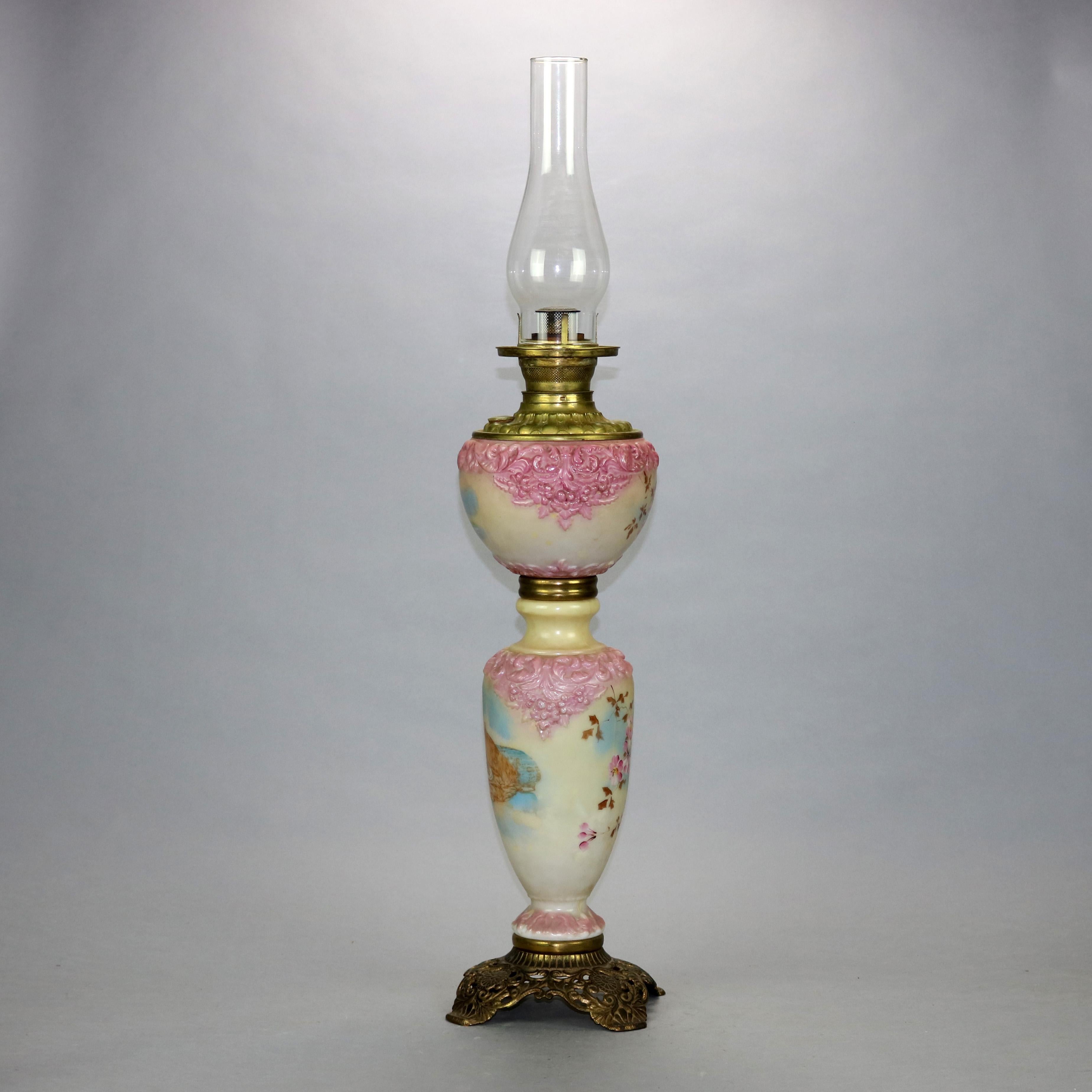 Antique Mount Washington Embossed Floral GWW Oil Lamp, c1890 In Good Condition In Big Flats, NY