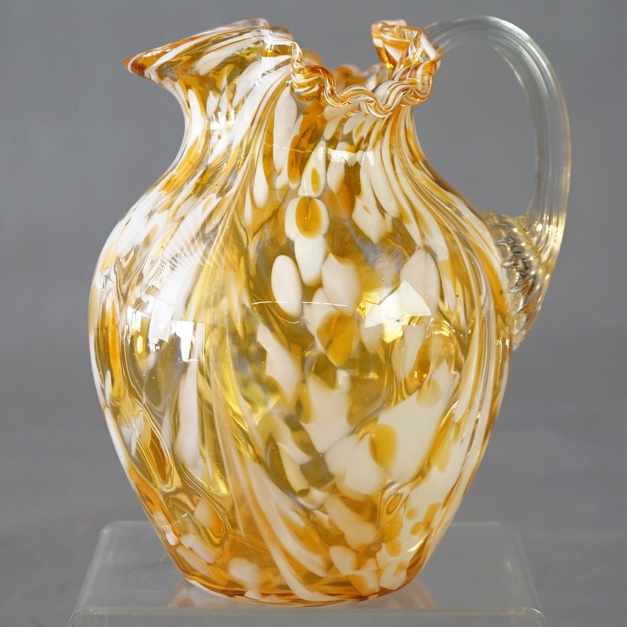 Antique Mount Washington “End Of The Day” Swirled Glass Pitcher with Ruffled Rim & Reeded Applied Glass Handle C1910

Measure - 7 1/2