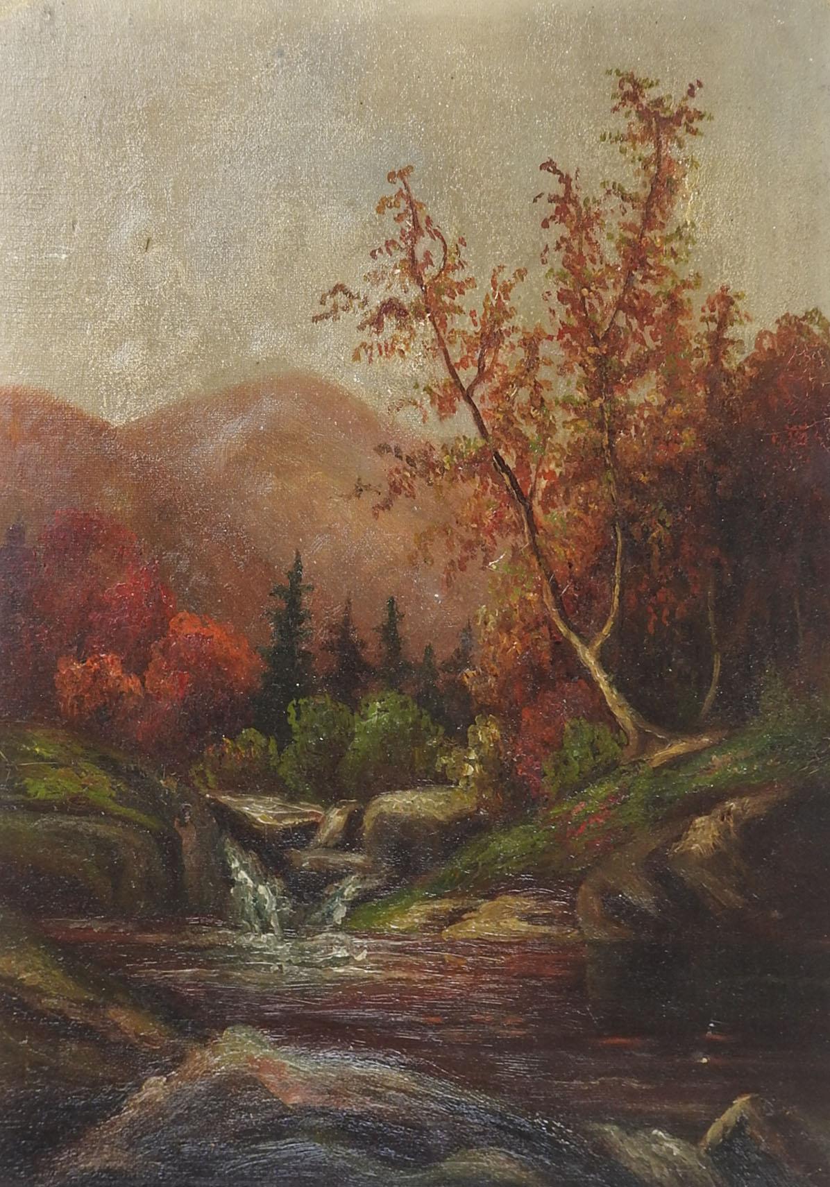 Antique late 19th century oil on canvas mountain river landscape painting. Unsigned. Unframed, flat mounted on cardboard backing, edge wear, tiny hole upper left.