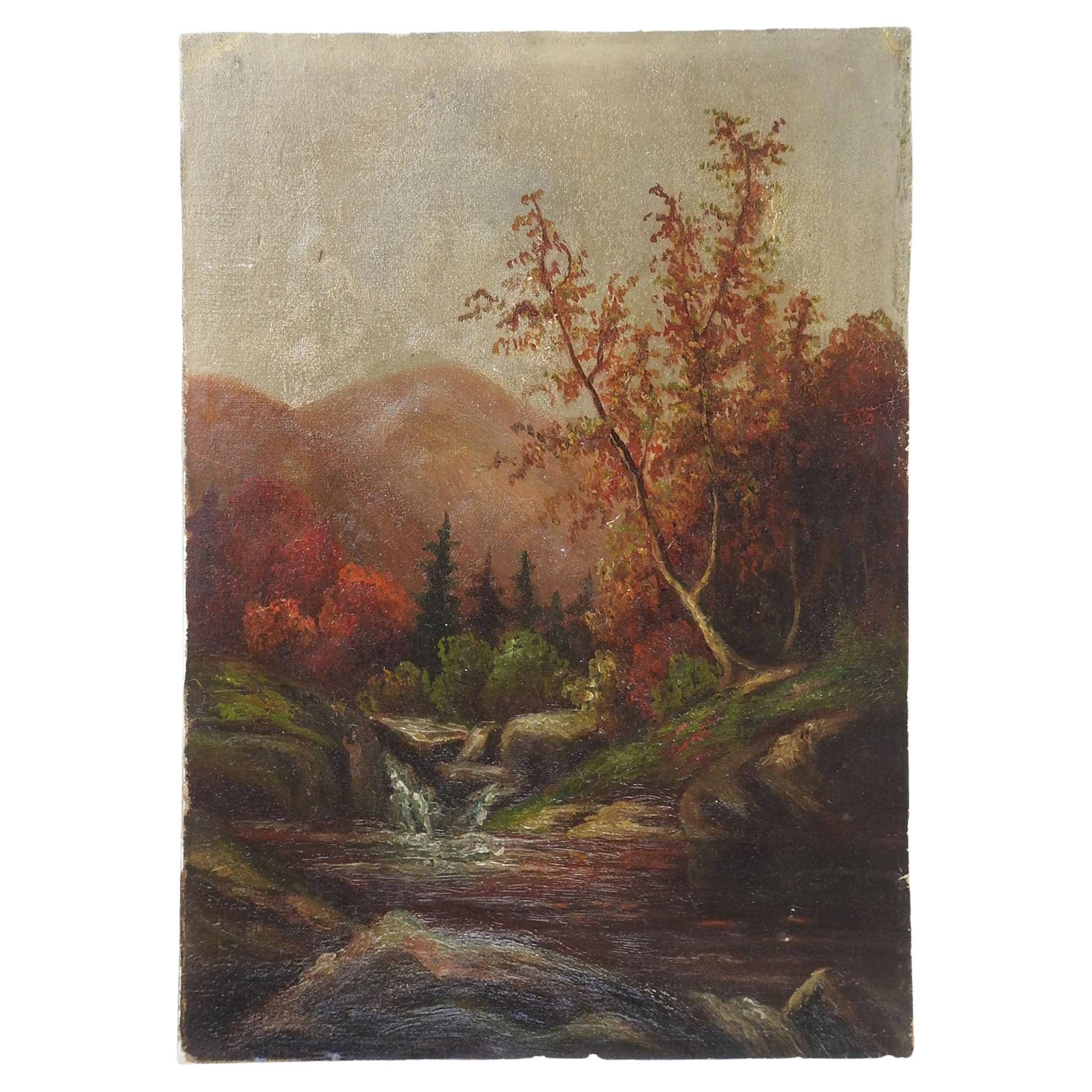 Peinture ancienne de paysage de rivière de montagne en vente