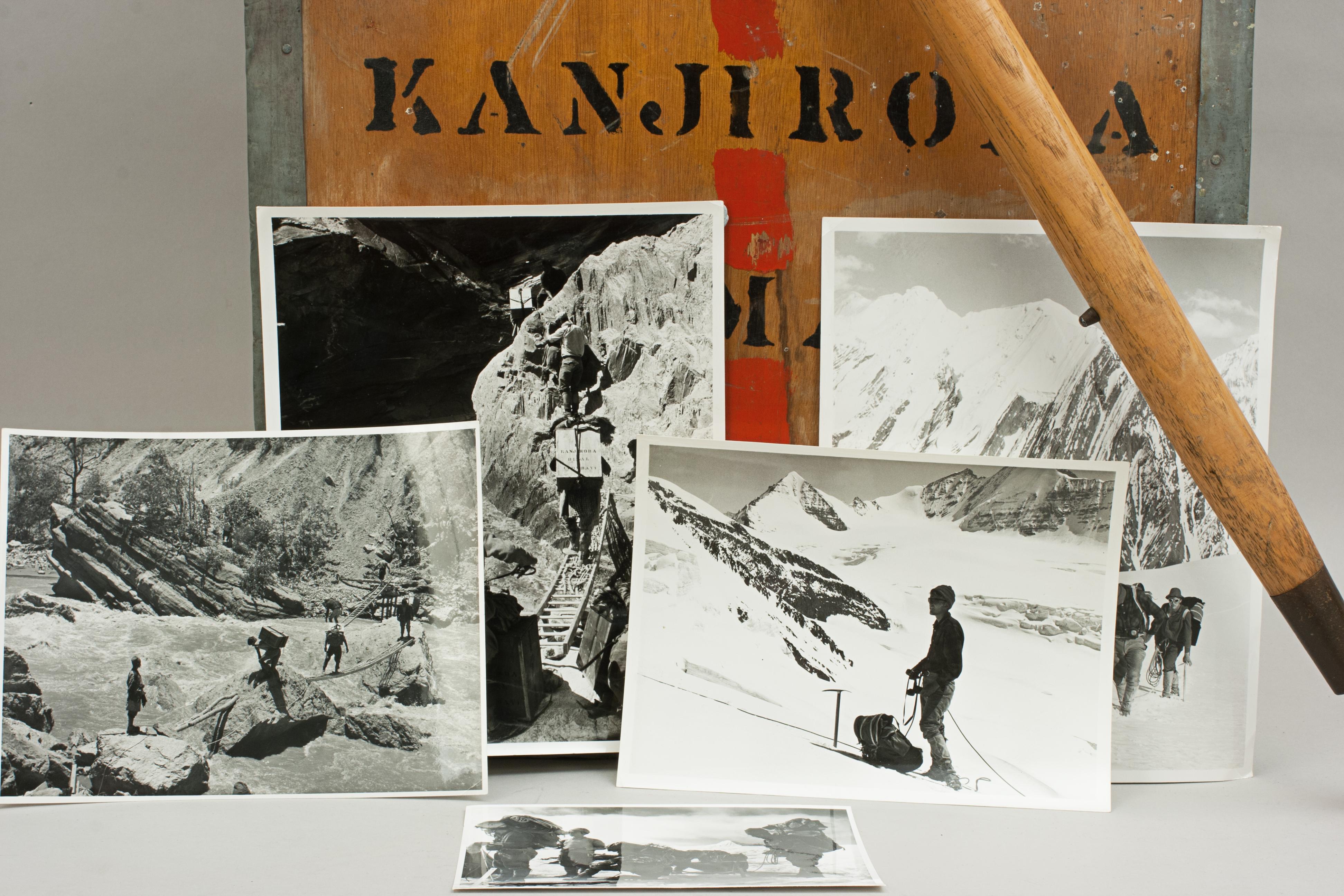 Kanjiroba mountaineering porters tea chest & ice axe, John B. Tyson.
The metal bound wooden chest has great mountaineering interest as it belonged to John B. Tyson, it is stenciled 