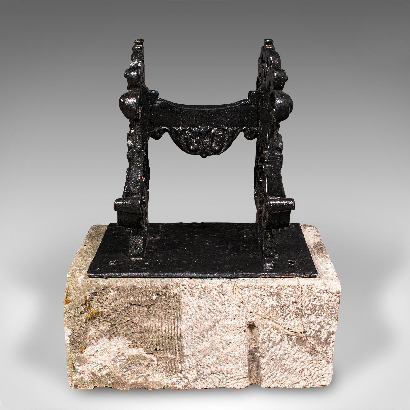 This is an antique mounted boot scraper. An English, cast iron and Bath Stone town house shoe cleaner or boot pull, dating to the Georgian period, circa 1800. A beautifully aged example of Georgian practicality, combining elegance with robust