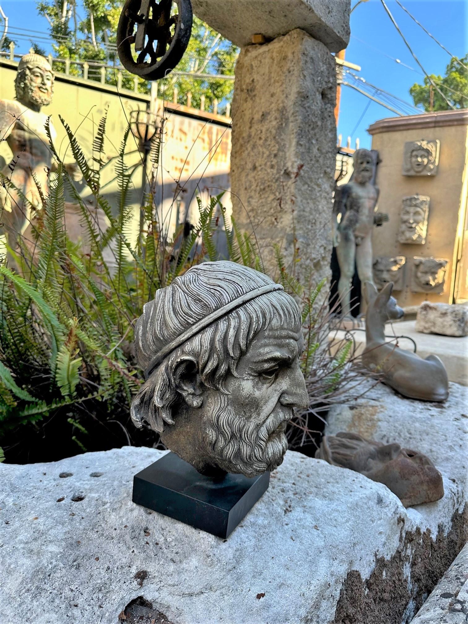 Antique Mounted on Base Sculpture Cast Head Zeus Bust Decorative Bibelot CA LA For Sale 7