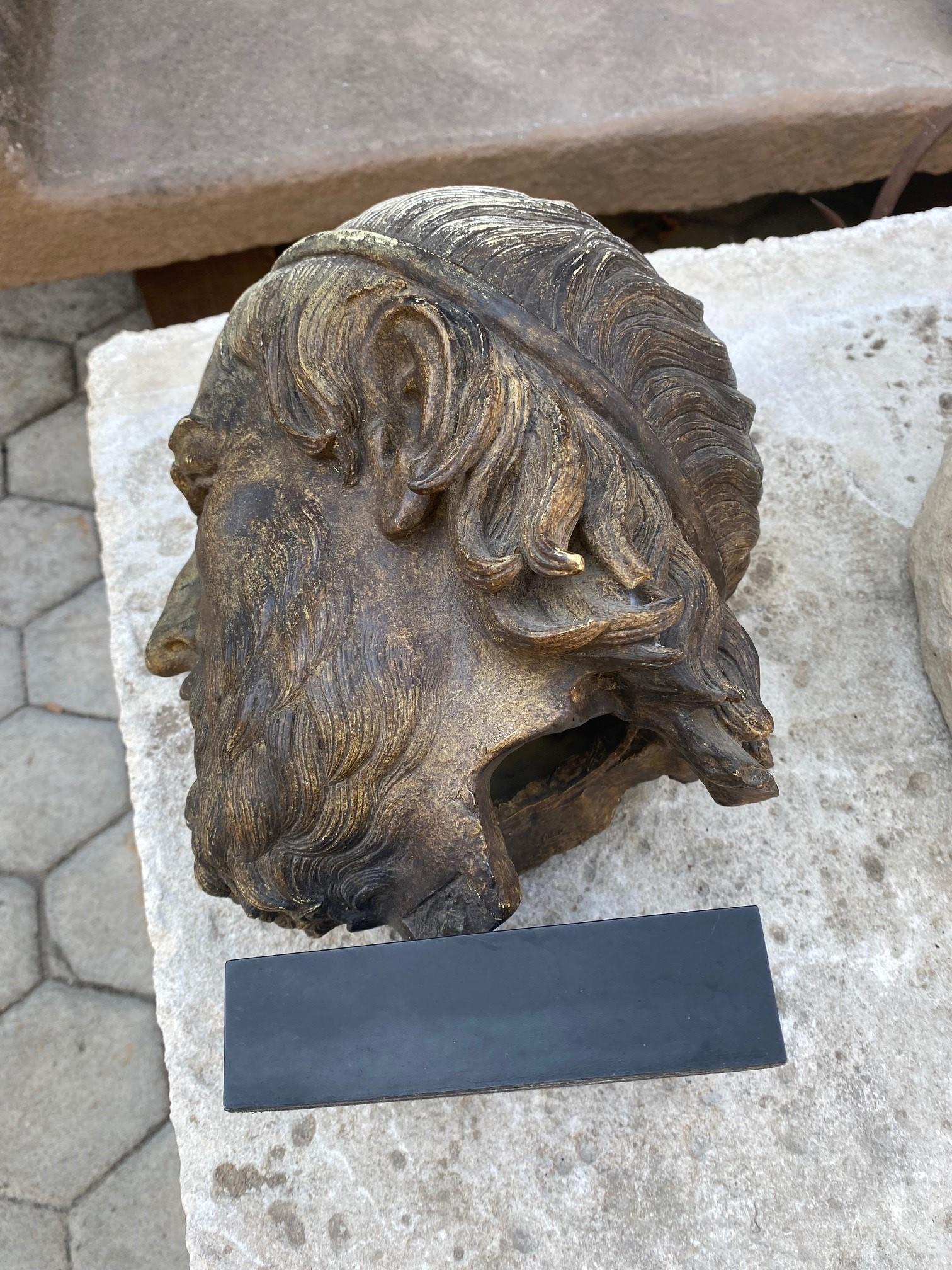 Plaster Antique Mounted on Base Sculpture Cast Head Zeus Bust Decorative Bibelot CA LA For Sale
