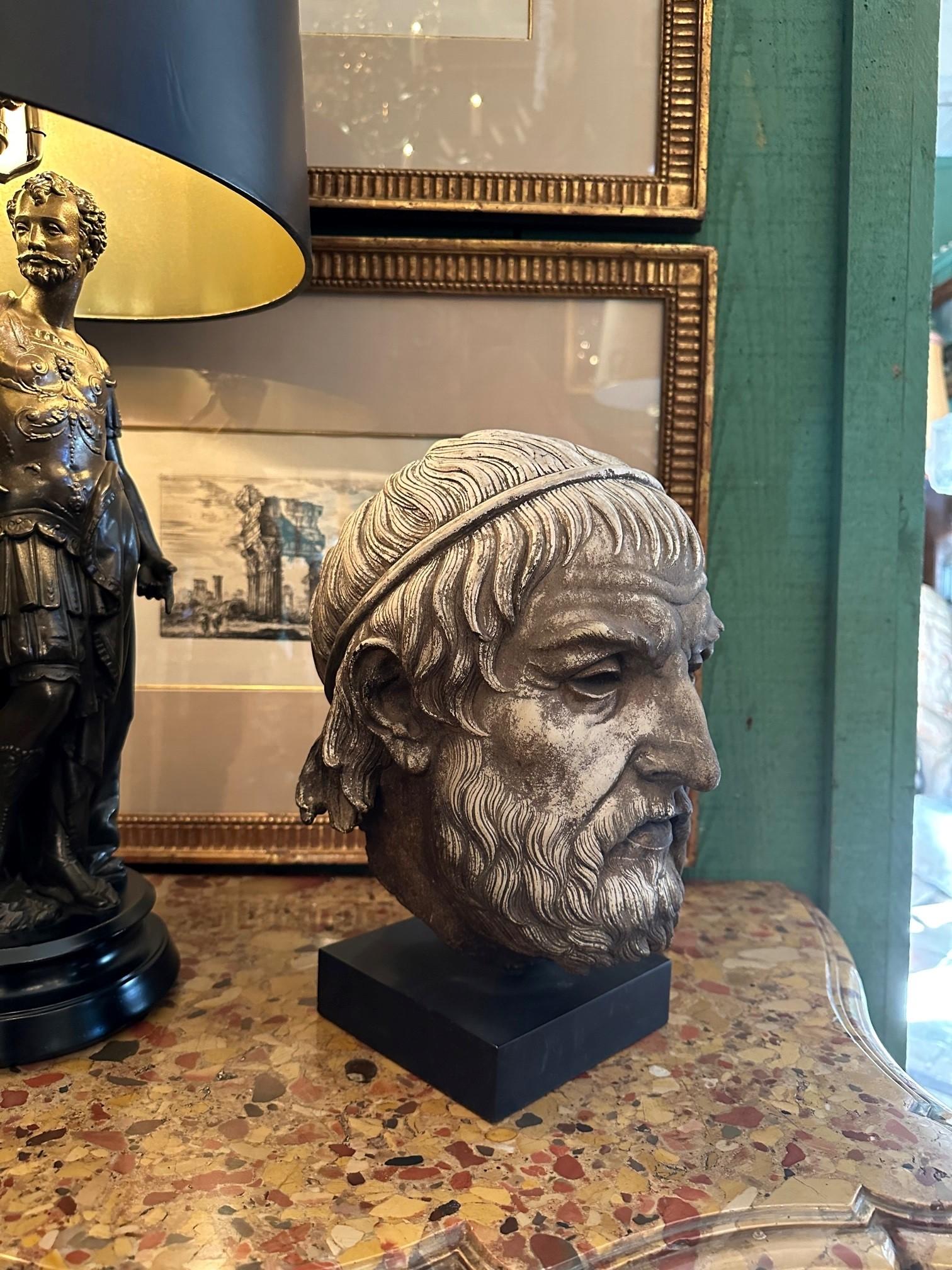 Escultura Fundición Cabeza Zeus Dios Busto Antiguo Montado sobre Base Decorativa Bibelot en venta 3