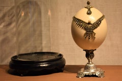 FINAL SALE Mounted Ostrich Egg Box Decorated with Rhinestones under a Glass Dome