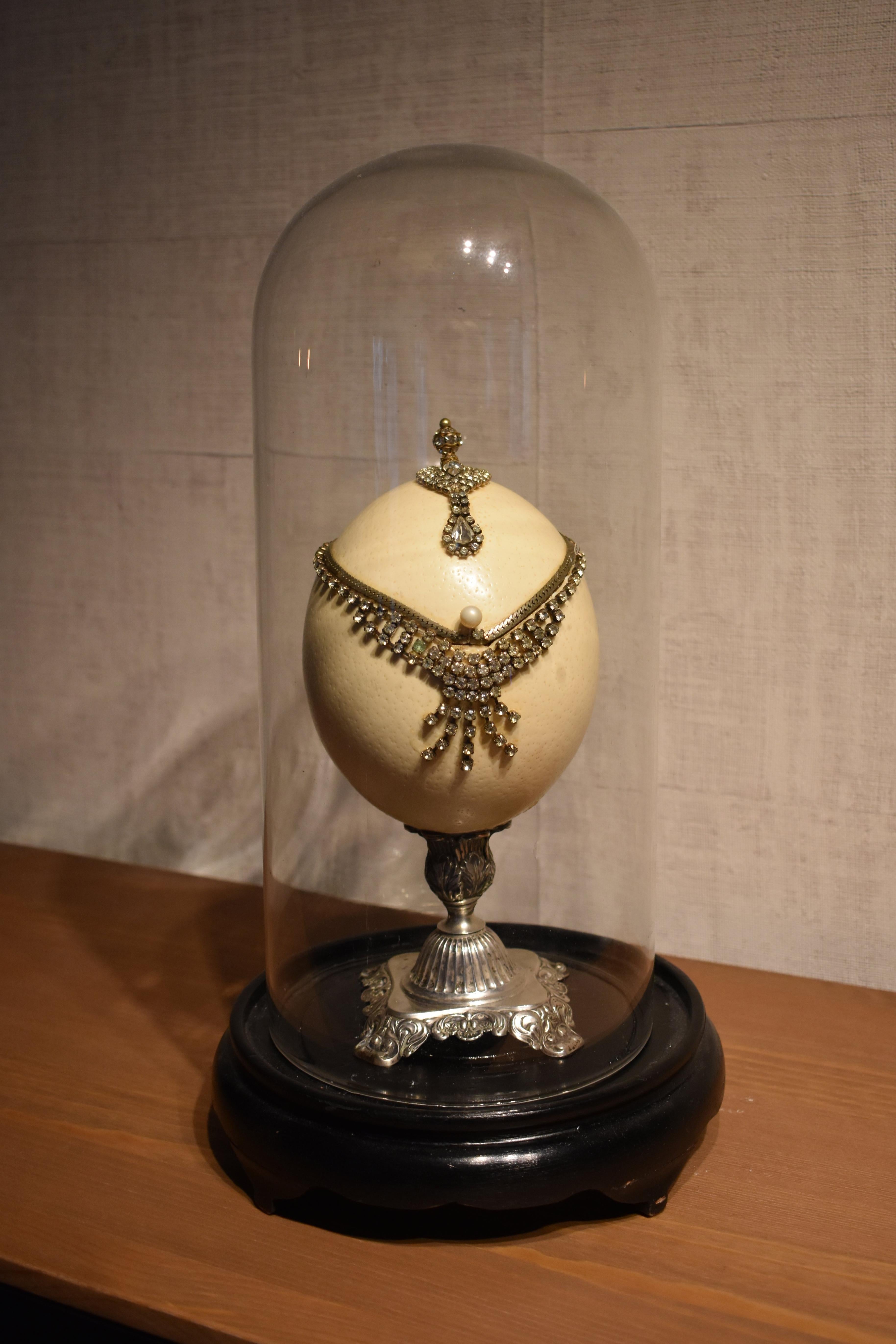 Belle Époque FINAL SALE Mounted Ostrich Egg Box Decorated with Rhinestones under a Glass Dome For Sale