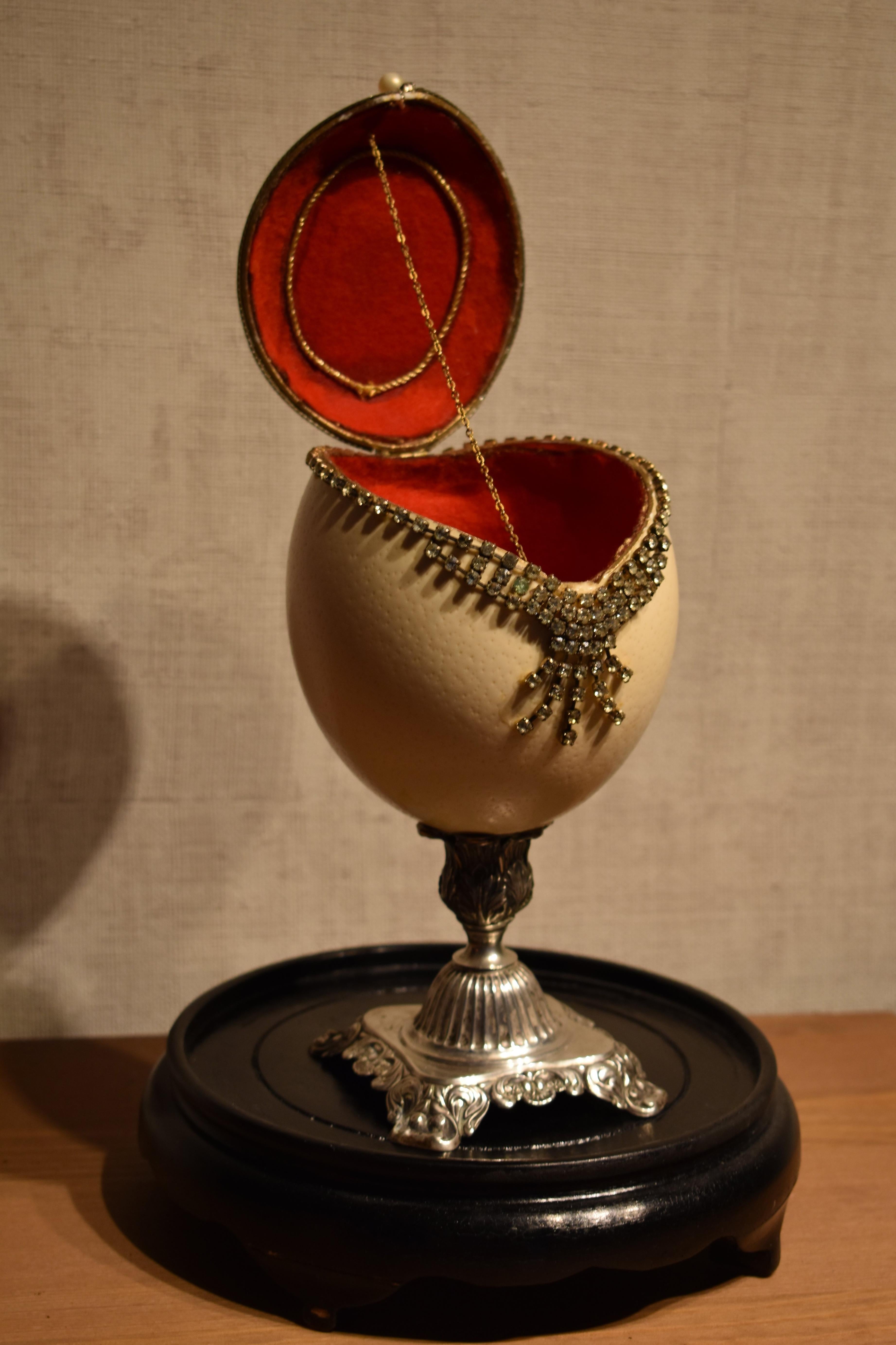 German FINAL SALE Mounted Ostrich Egg Box Decorated with Rhinestones under a Glass Dome For Sale