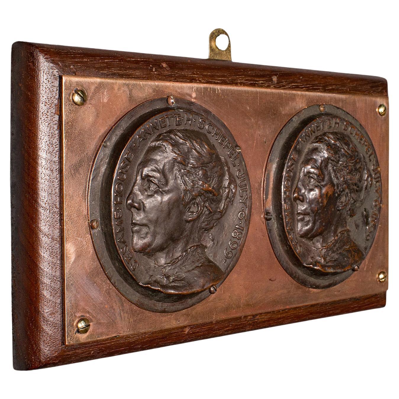 Plaque de portrait ancienne anglaise, bronze, décorative, panneau mural victorien