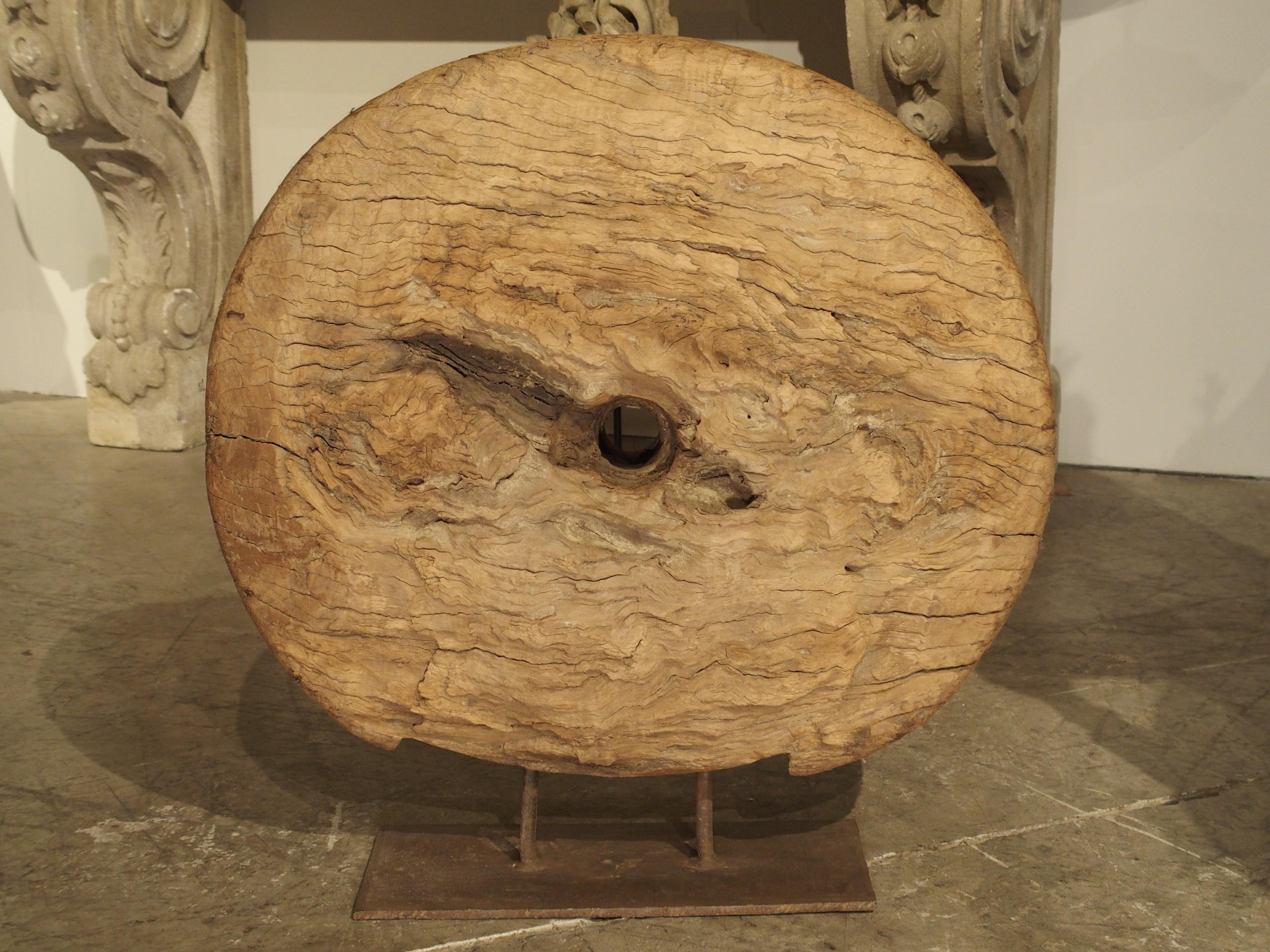 Hand-Carved Antique Mounted Wooden Work Wheel from India