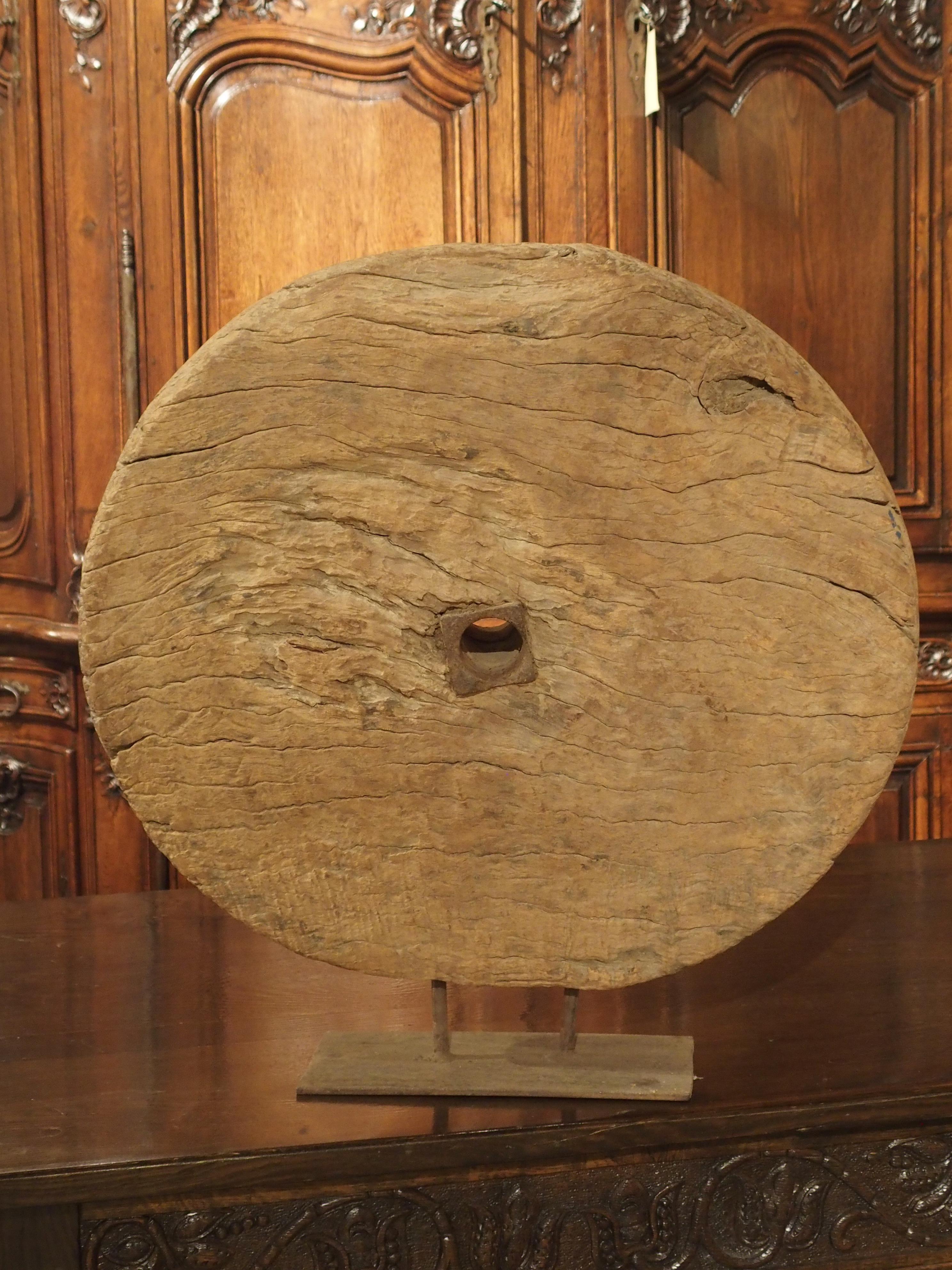 Hand-Carved Antique Mounted Wooden Work Wheel from India
