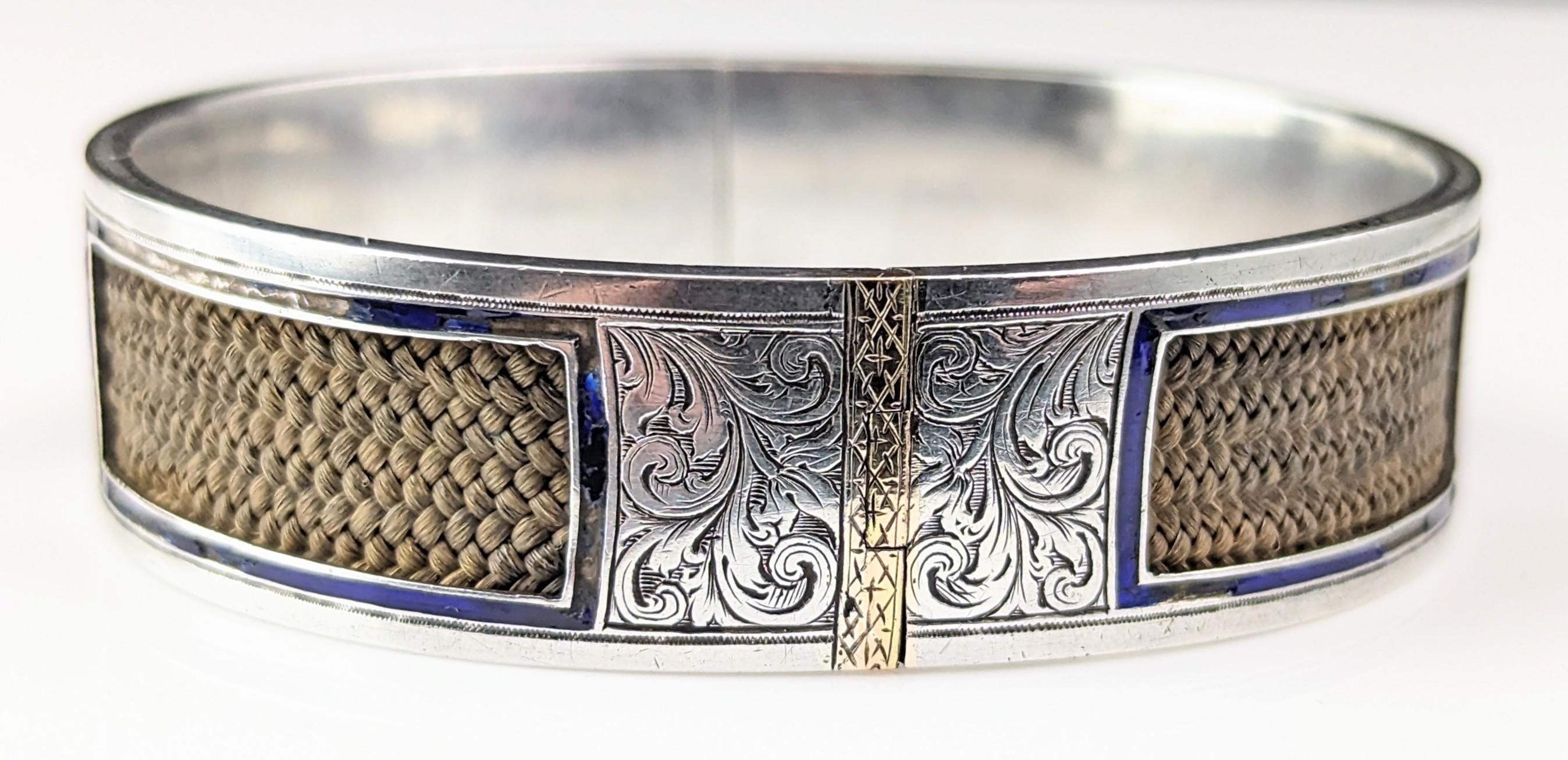 Antique Mourning bangle, Sterling silver and 9k gold, Blue enamel and hairwork  For Sale 5