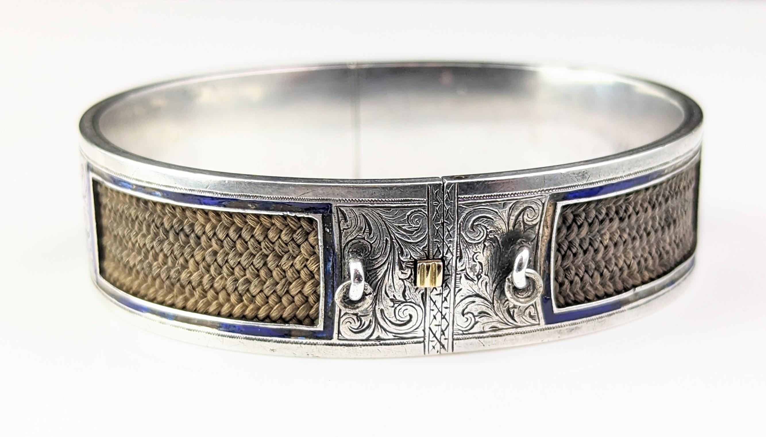Antique Mourning bangle, Sterling silver and 9k gold, Blue enamel and hairwork  For Sale 7