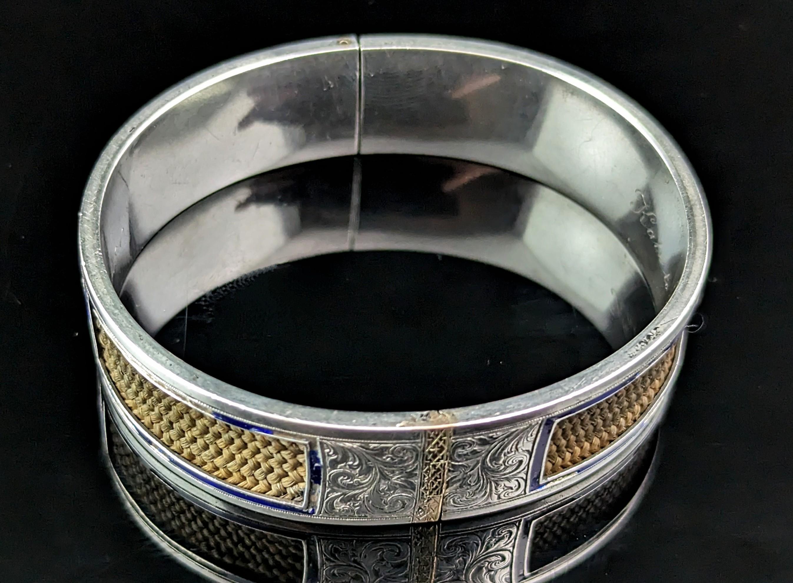 Victorian Antique Mourning bangle, Sterling silver and 9k gold, Blue enamel and hairwork  For Sale