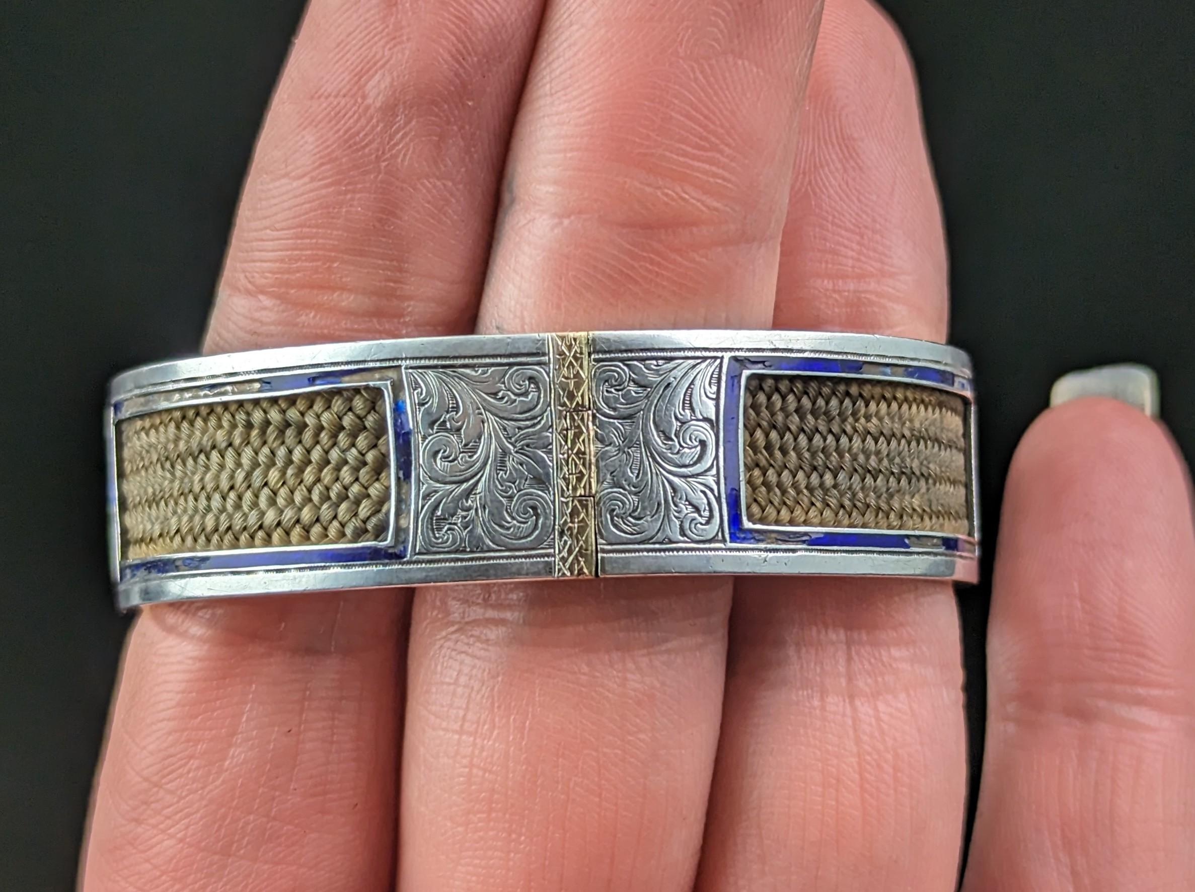 Antique Mourning bangle, Sterling silver and 9k gold, Blue enamel and hairwork  In Fair Condition For Sale In NEWARK, GB