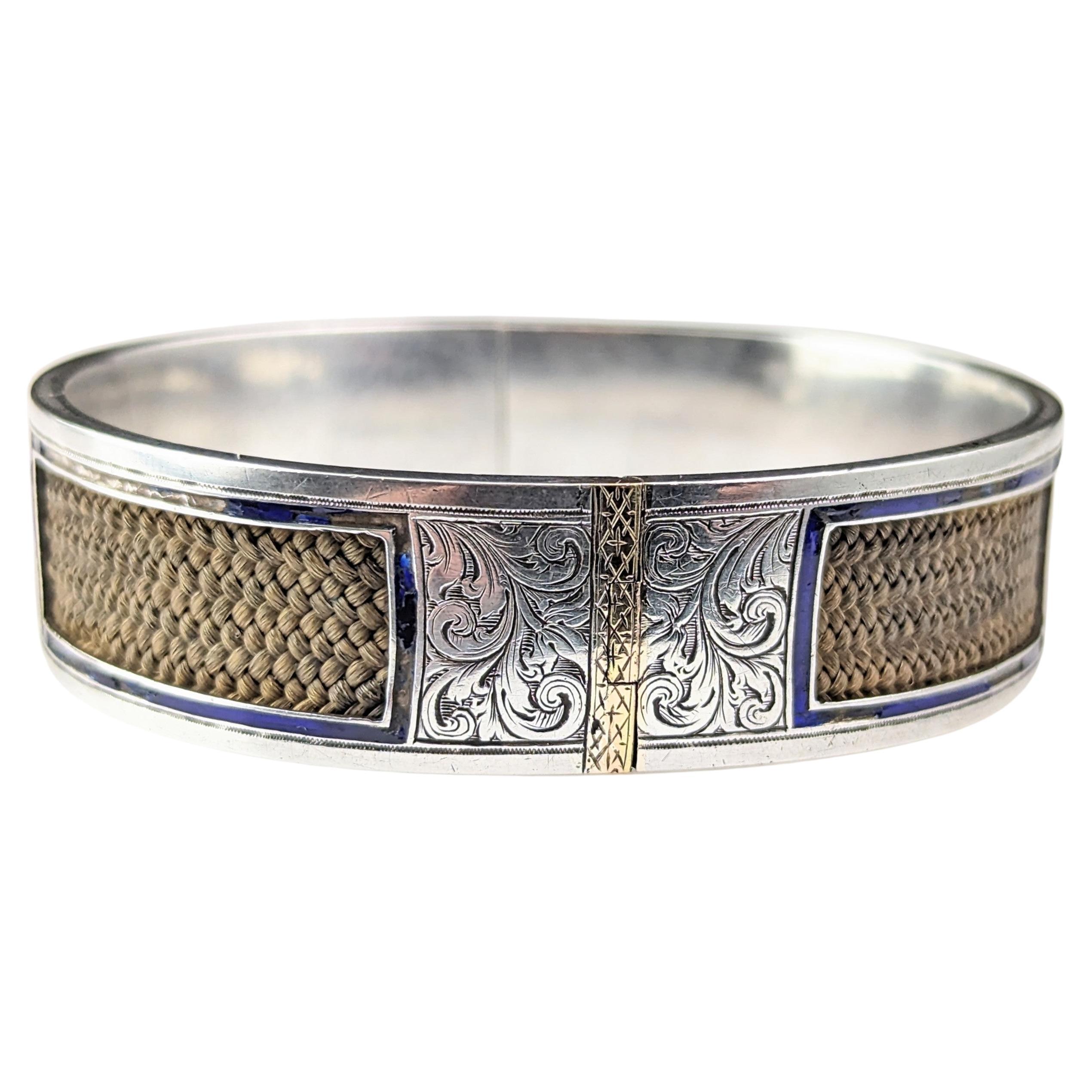 Antique Mourning bangle, Sterling silver and 9k gold, Blue enamel and hairwork 