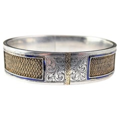 Antique Mourning bangle, Sterling silver and 9k gold, Blue enamel and hairwork 