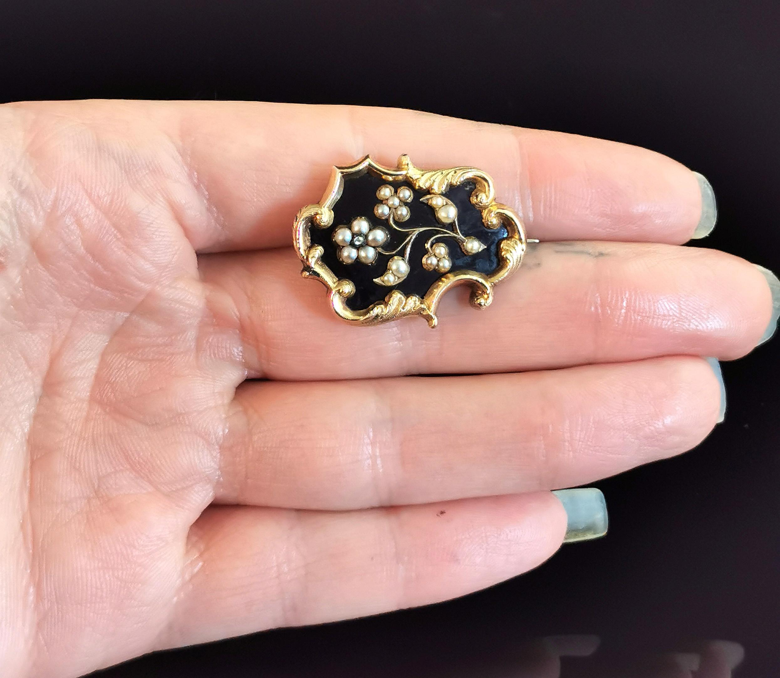 Early Victorian Antique Mourning Brooch, Forget Me Not Flower, Black Enamel, 9k Gold, Diamond