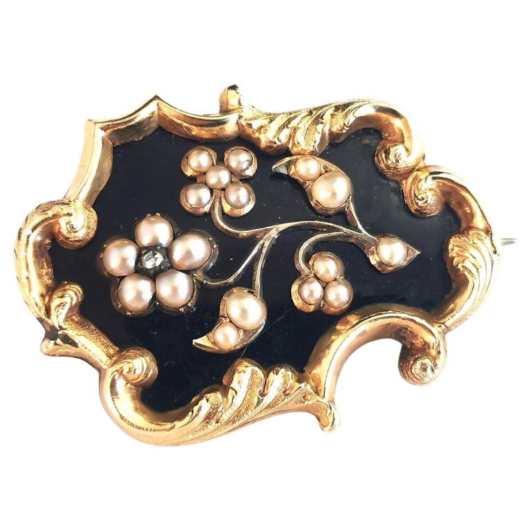 Antique Mourning Brooch, Forget Me Not Flower, Black Enamel, 9k Gold, Diamond