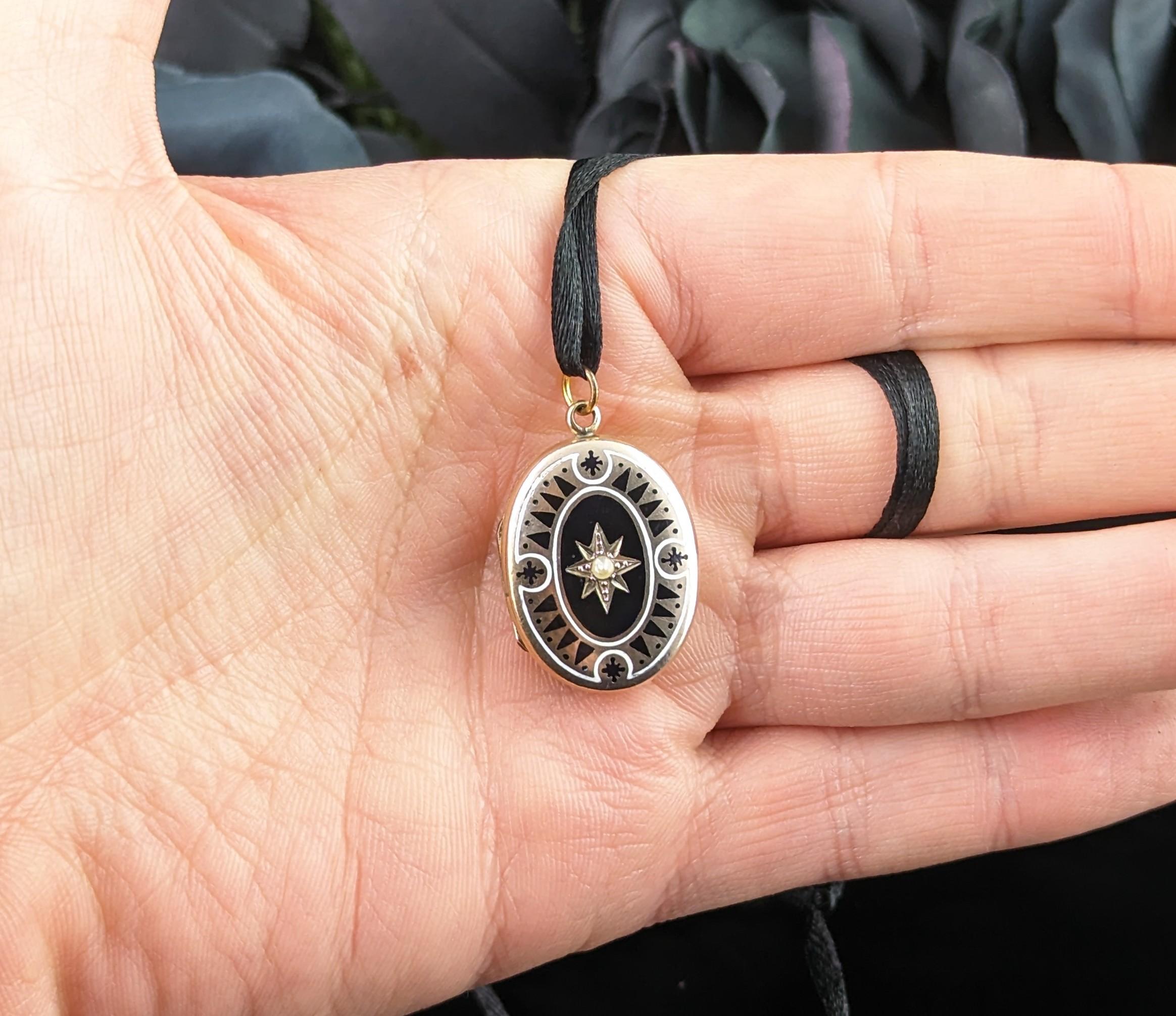 Women's or Men's Antique Mourning Locket, 9k Gold Front and Back, Black and White Enamel