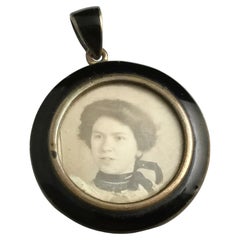 Antique Mourning locket, black enamel, Edwardian 