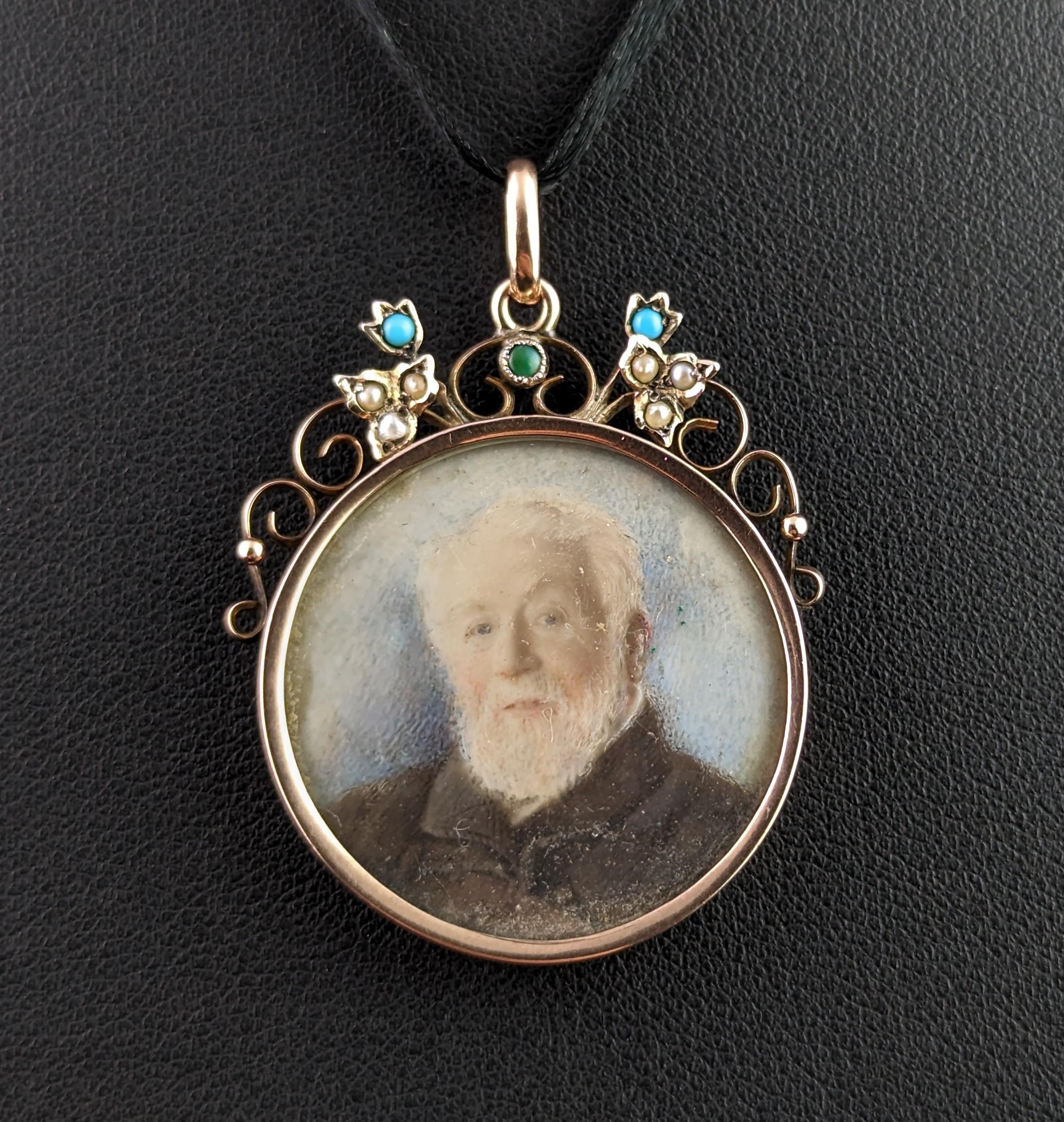 Antique Mourning Locket Pendant, 9k Gold, Portrait, Turquoise and Pearl 5