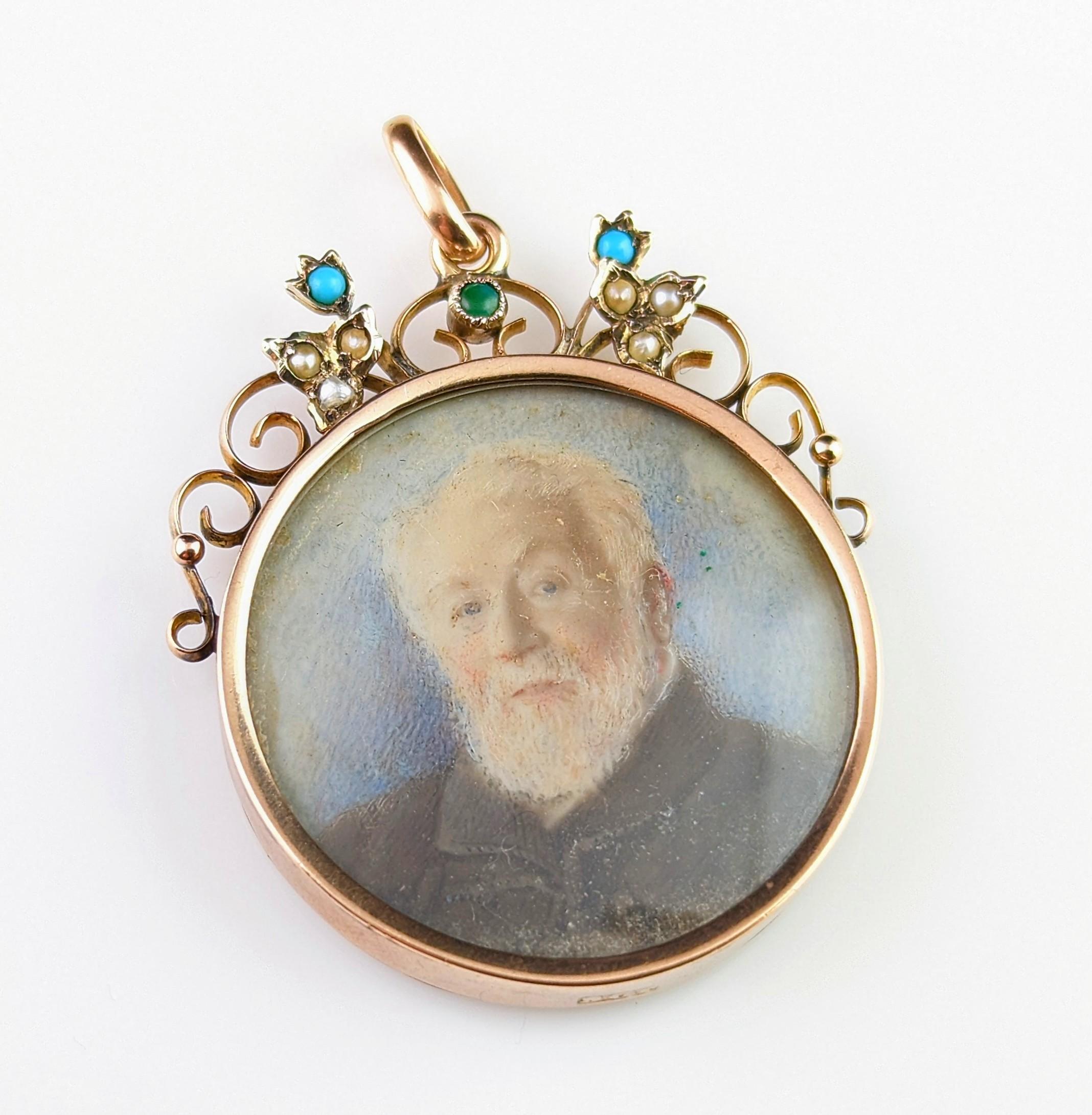 Pendentif médaillon de deuil ancien, or 9 carats, portrait, turquoise et perle 7