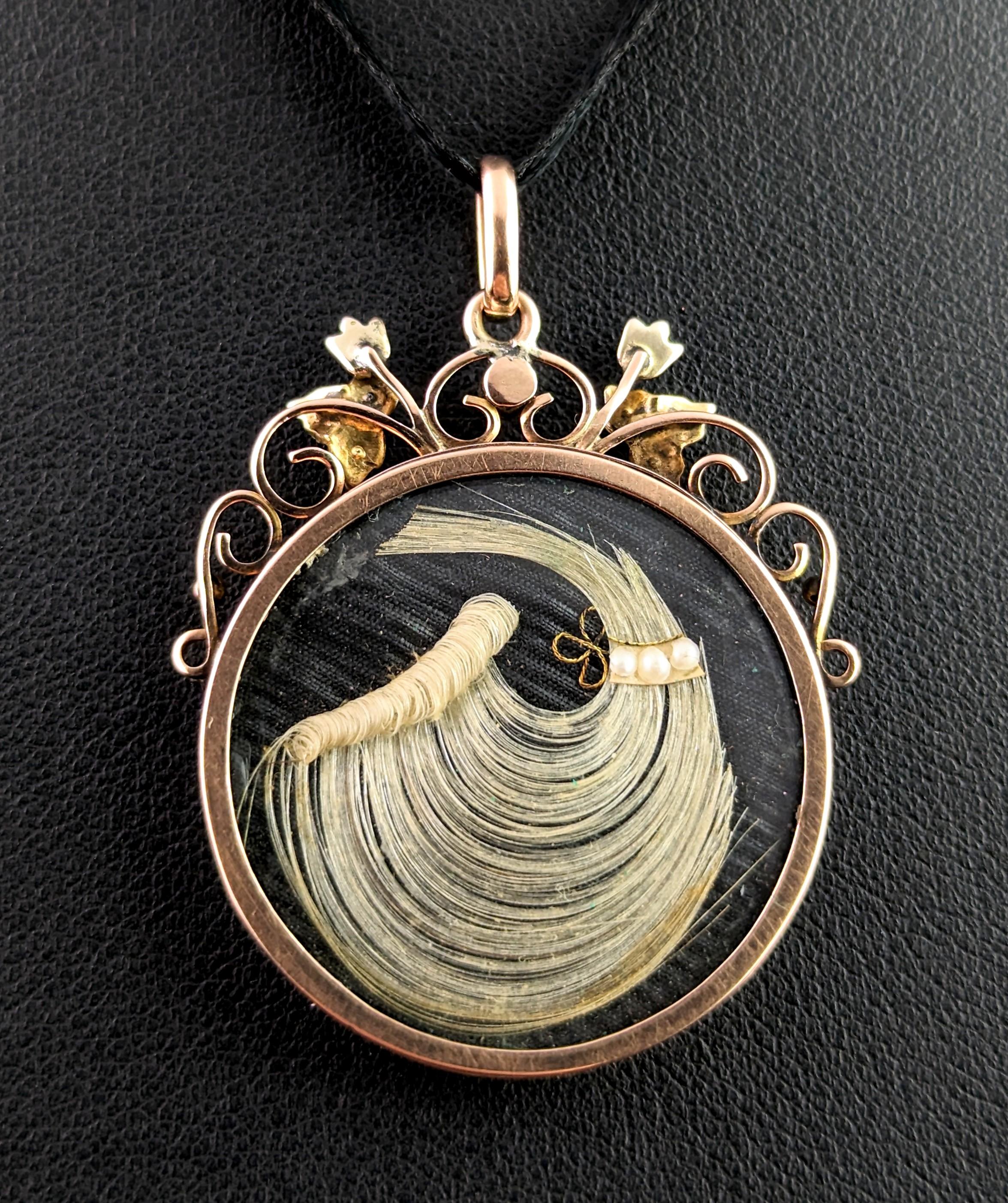 Antique Mourning Locket Pendant, 9k Gold, Portrait, Turquoise and Pearl In Fair Condition In NEWARK, GB