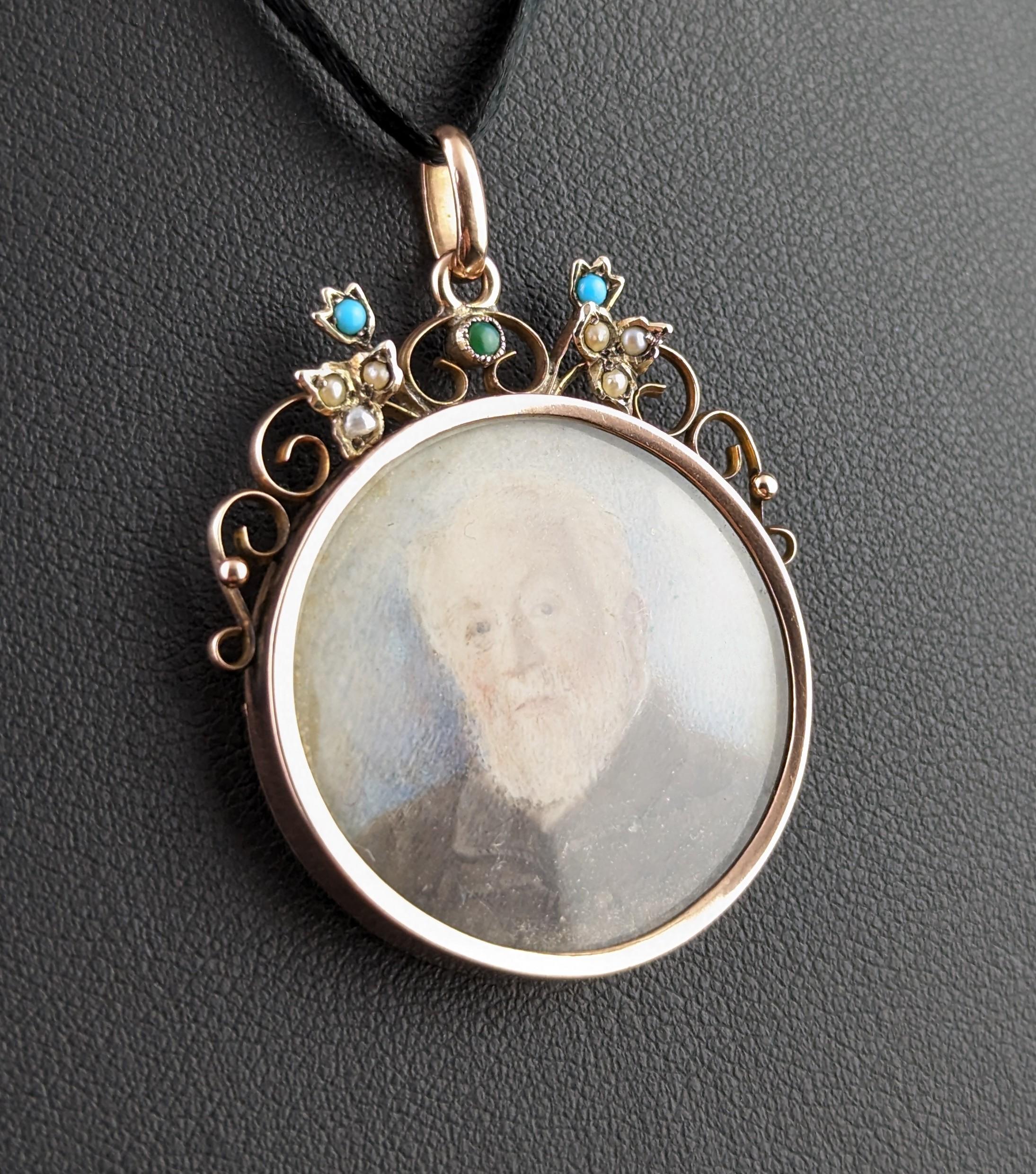 Antique Mourning Locket Pendant, 9k Gold, Portrait, Turquoise and Pearl 2