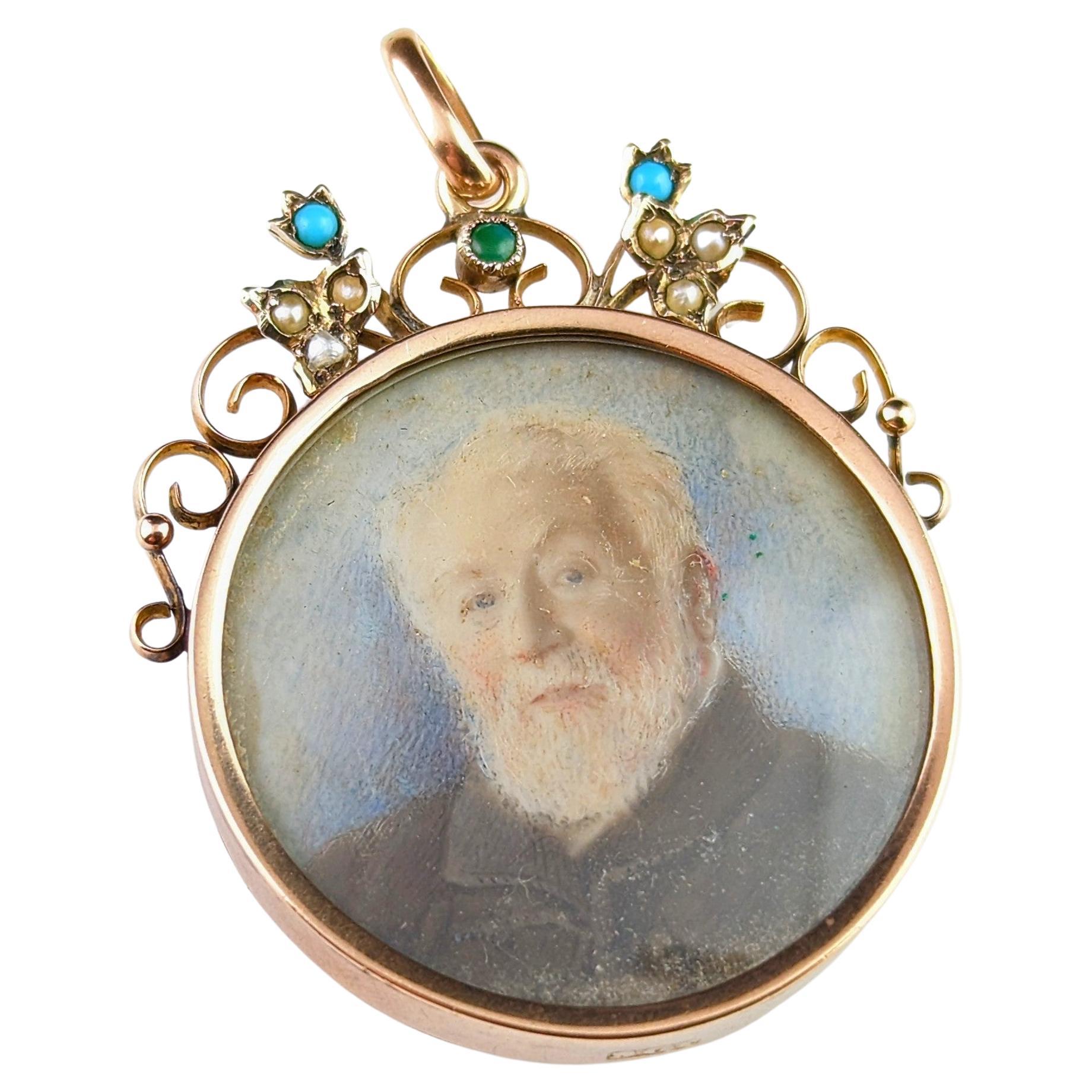 Pendentif médaillon de deuil ancien, or 9 carats, portrait, turquoise et perle