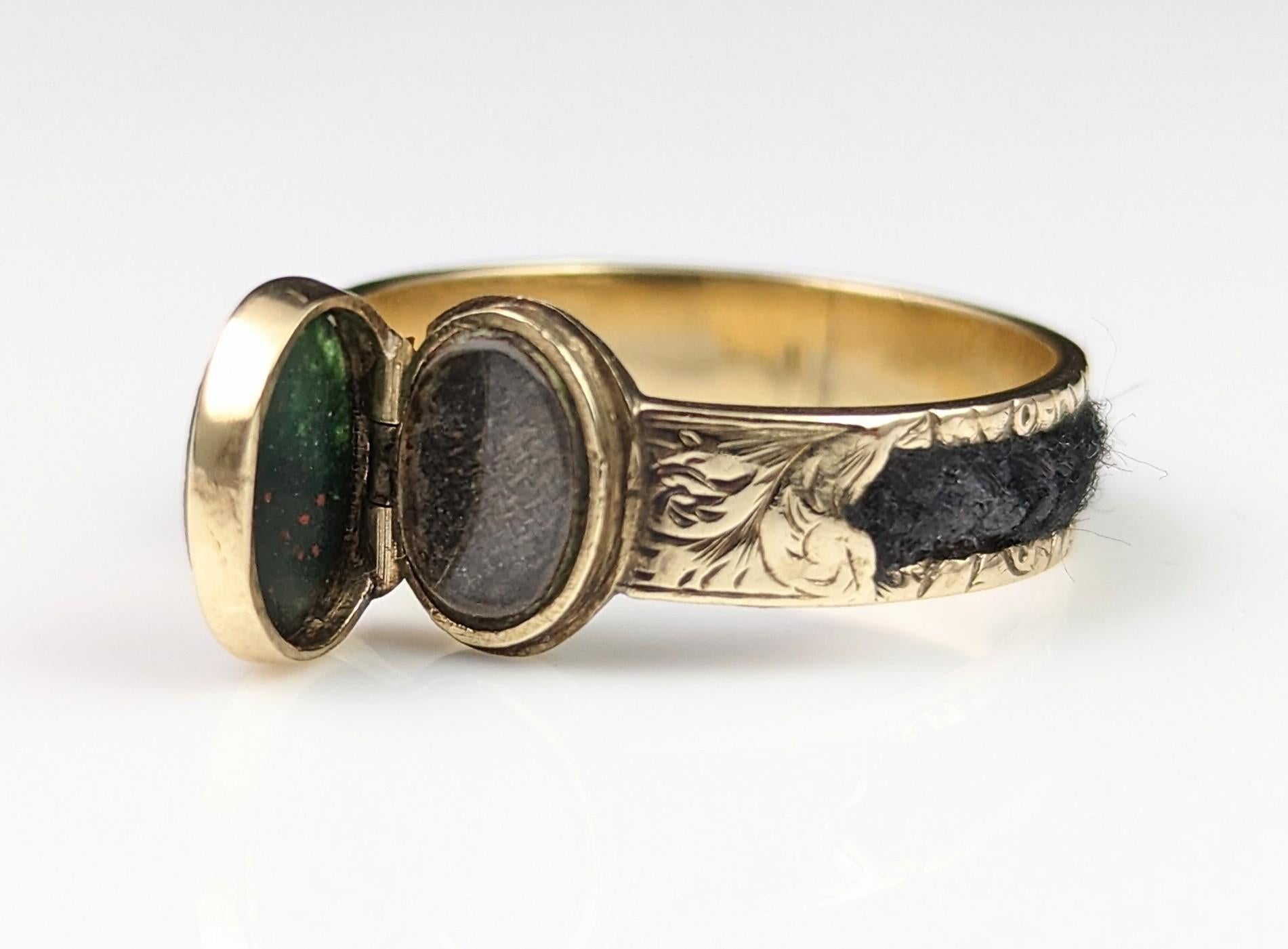 Antique Mourning Locket Ring, Bloodstone Intaglio, Poison Ring, 15k Gold 6