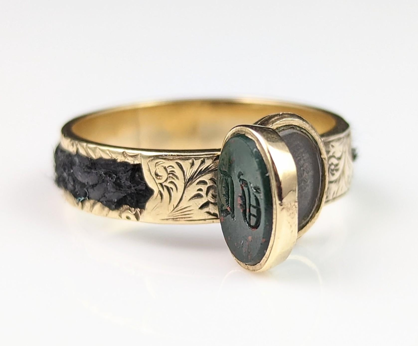 Antique Mourning Locket Ring, Bloodstone Intaglio, Poison Ring, 15k Gold 7