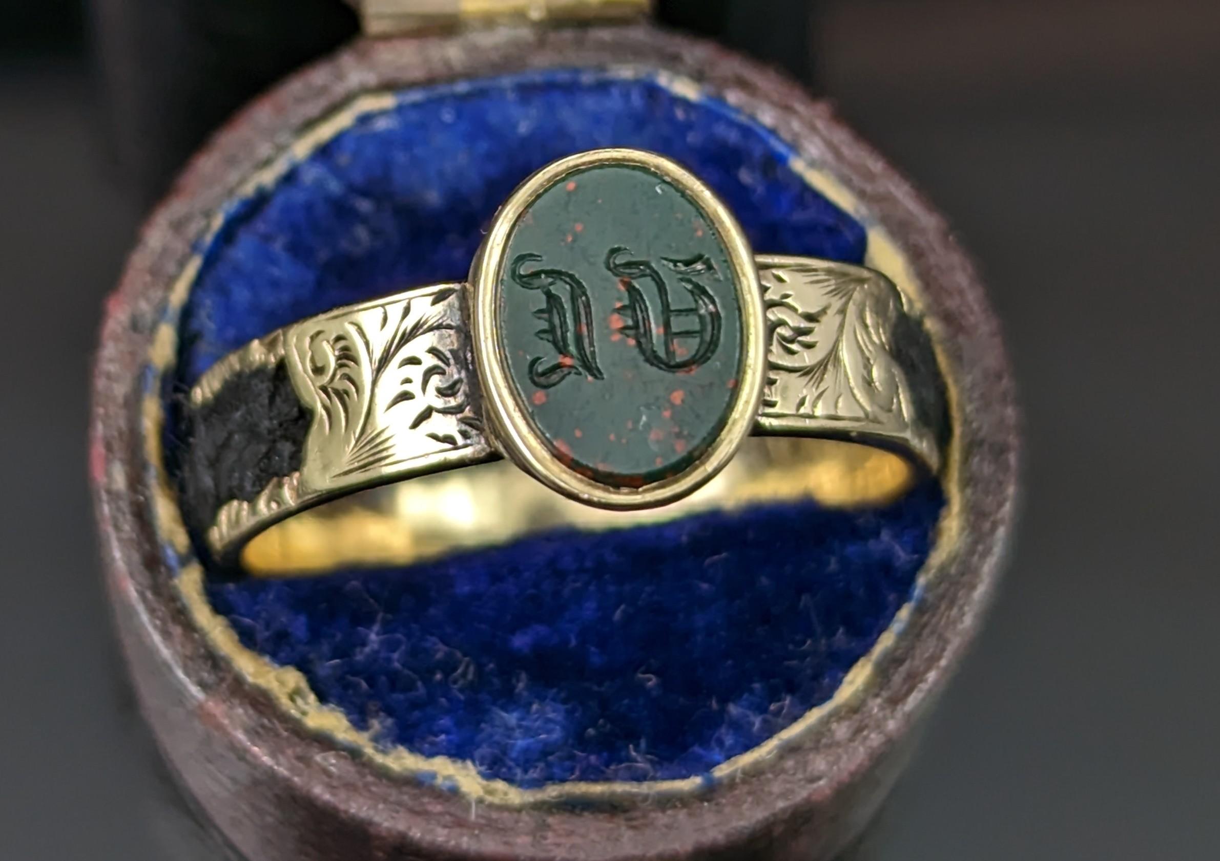 Victorian Antique Mourning Locket Ring, Bloodstone Intaglio, Poison Ring, 15k Gold