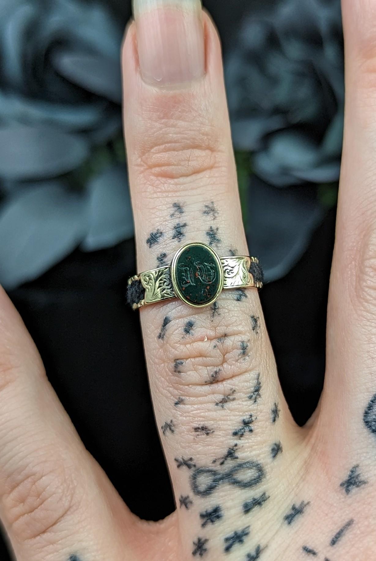 Women's or Men's Antique Mourning Locket Ring, Bloodstone Intaglio, Poison Ring, 15k Gold