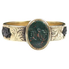 Antique Mourning Locket Ring, Bloodstone Intaglio, Poison Ring, 15k Gold