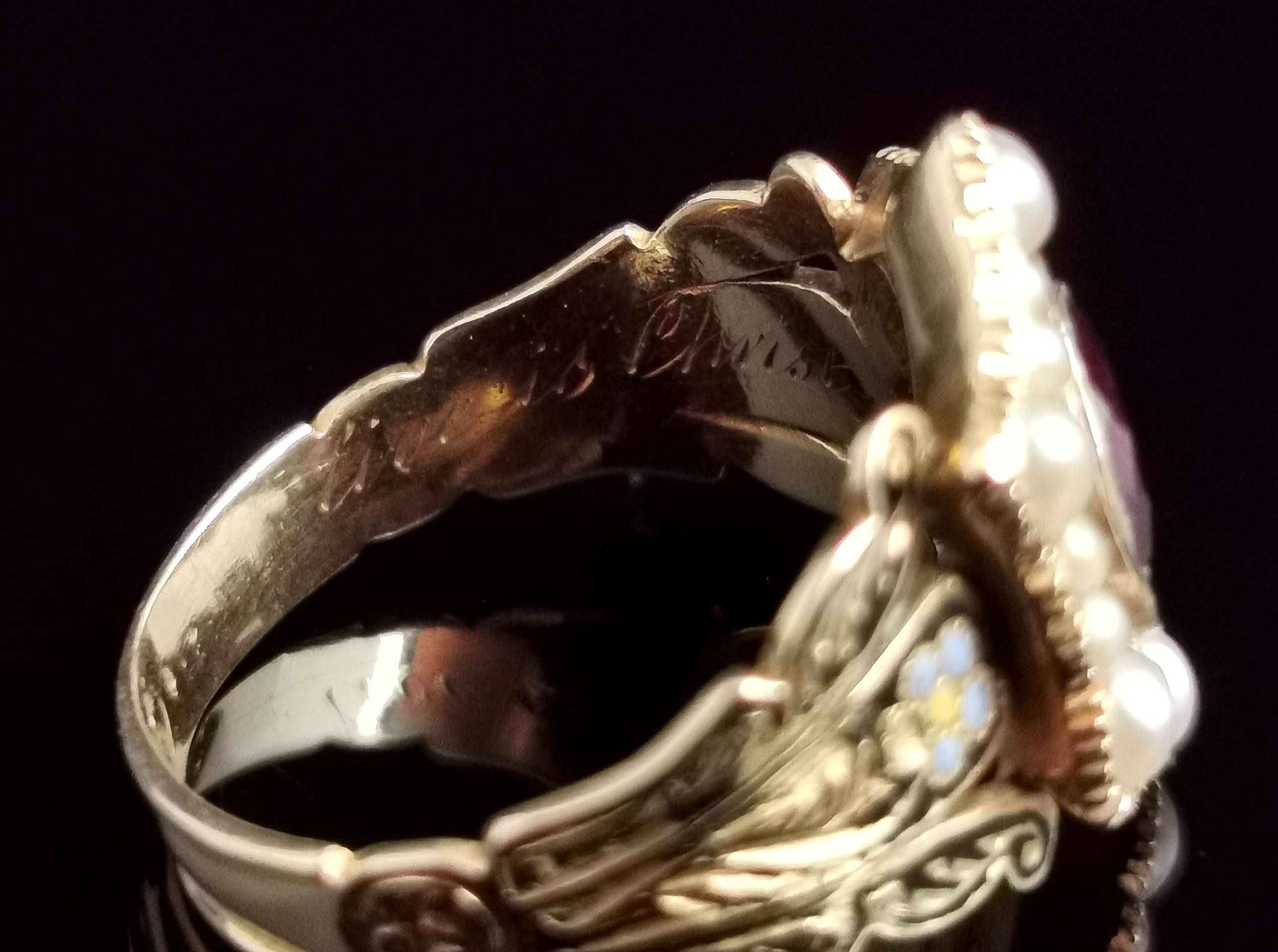 Antique Mourning Ring, 18 Karat Gold, Enamel, Pearl and Garnet, William IV  5