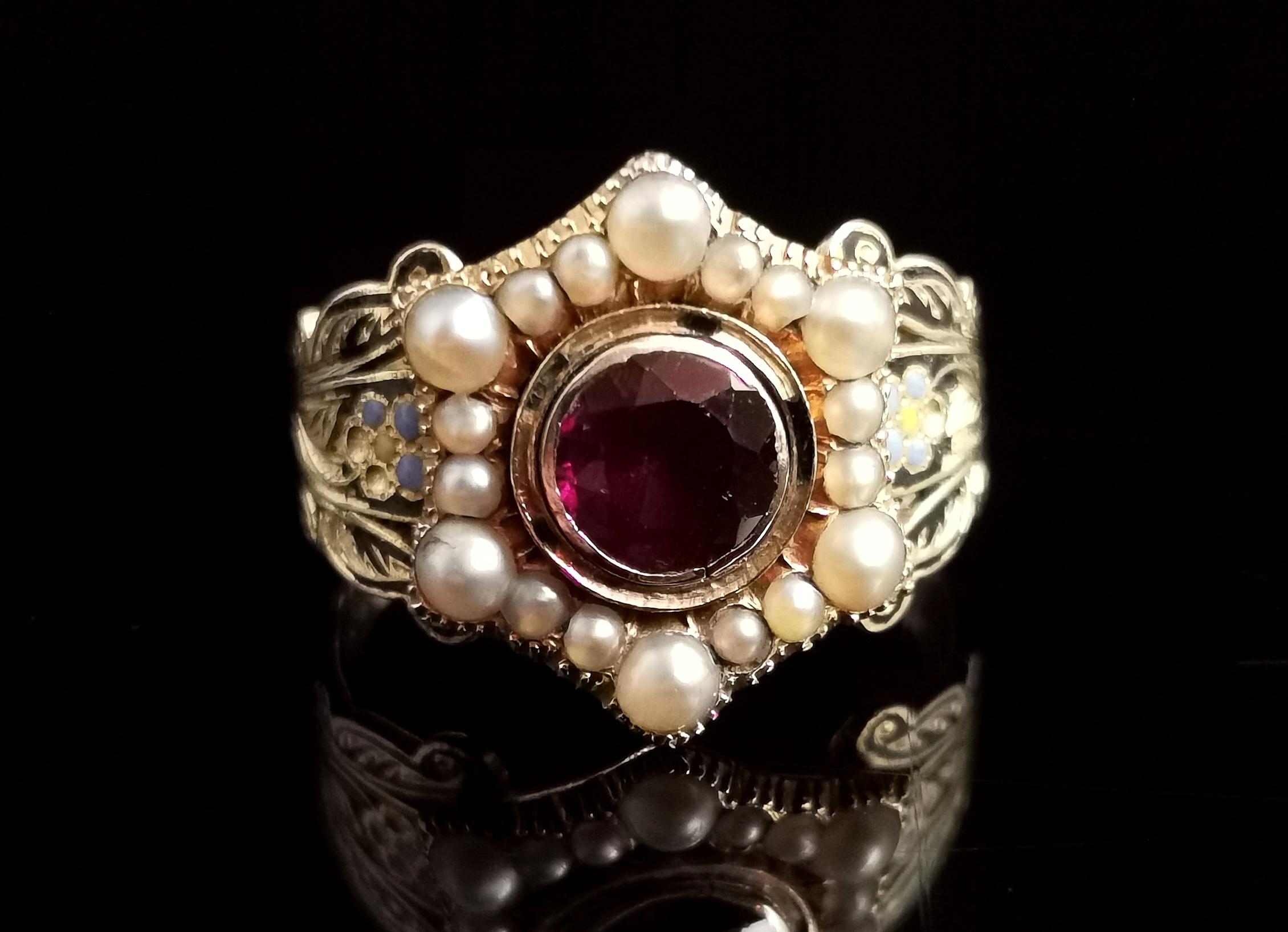 Antique Mourning Ring, 18 Karat Gold, Enamel, Pearl and Garnet, William IV  7