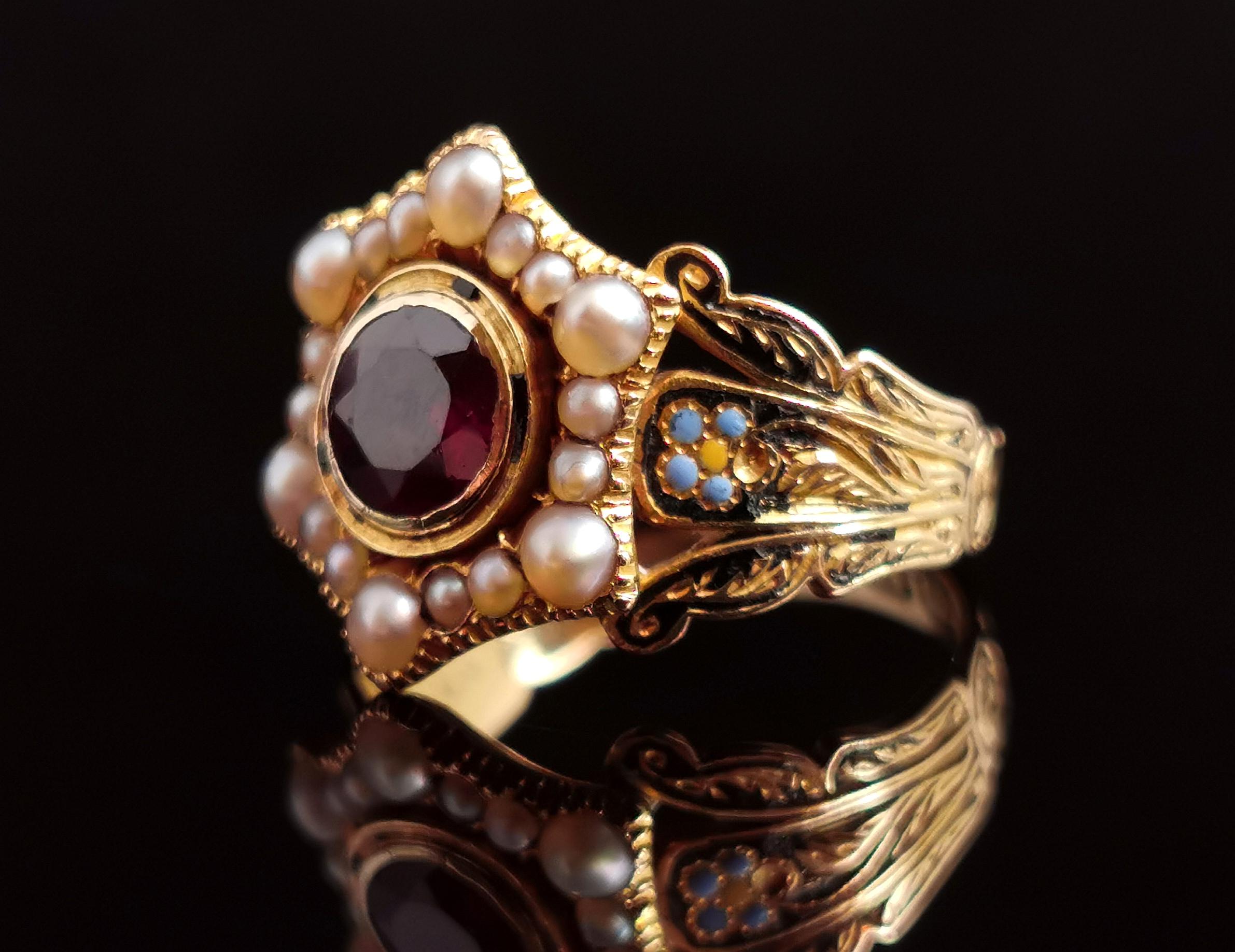 Antique Mourning Ring, 18 Karat Gold, Enamel, Pearl and Garnet, William IV  9