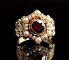 Antique Mourning Ring, 18 Karat Gold, Enamel, Pearl and Garnet, William IV