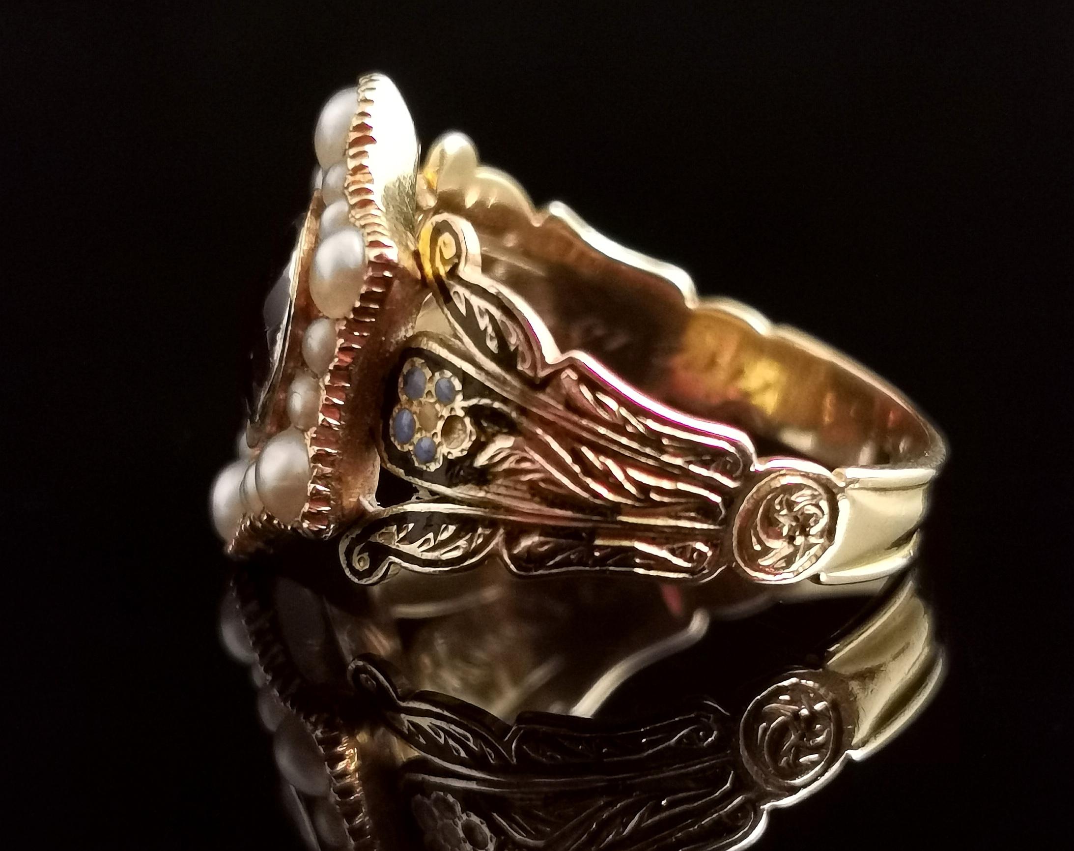 Antique Mourning Ring, 18 Karat Gold, Enamel, Pearl and Garnet, William IV  2