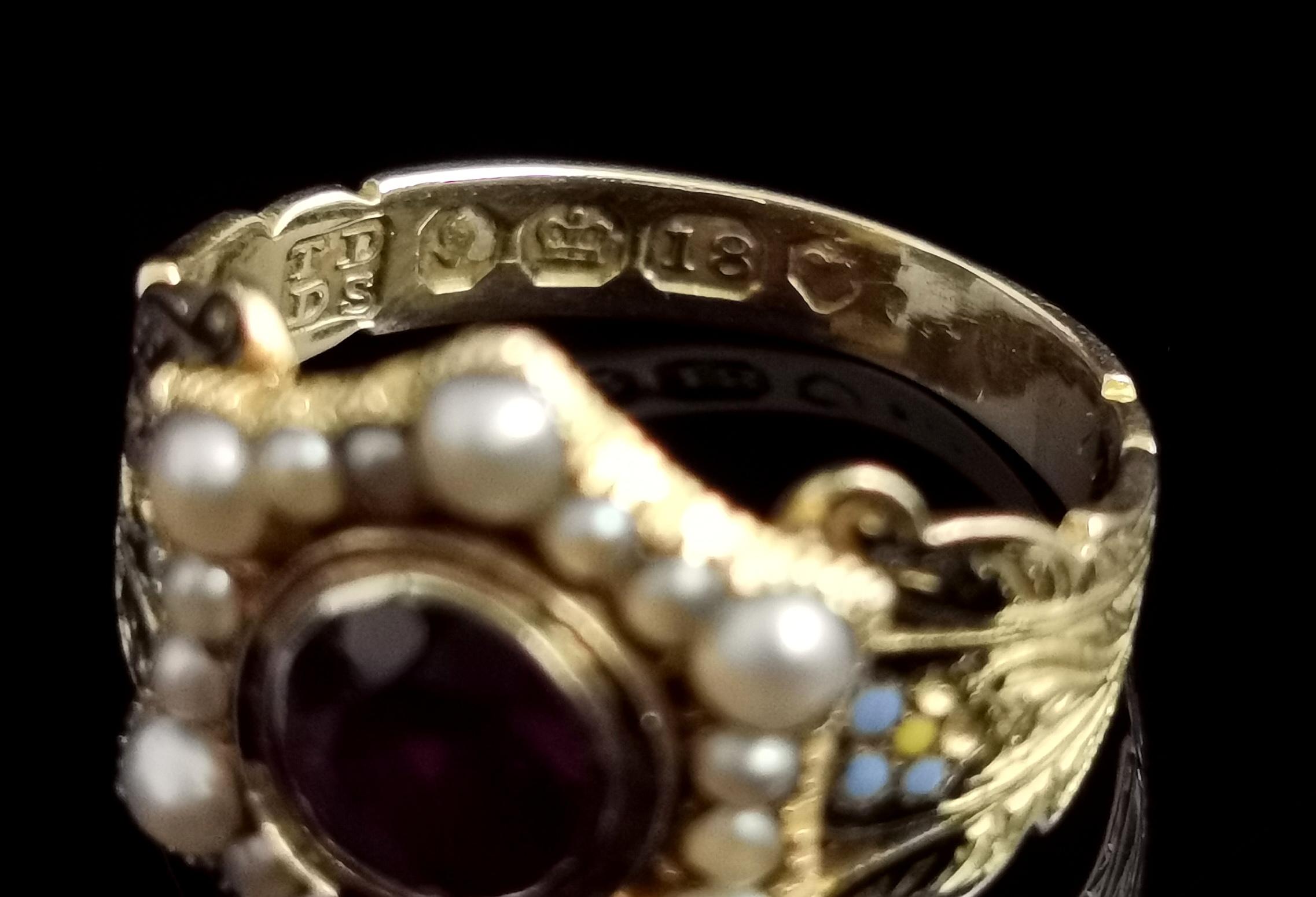 Antique Mourning Ring, 18 Karat Gold, Enamel, Pearl and Garnet, William IV  4