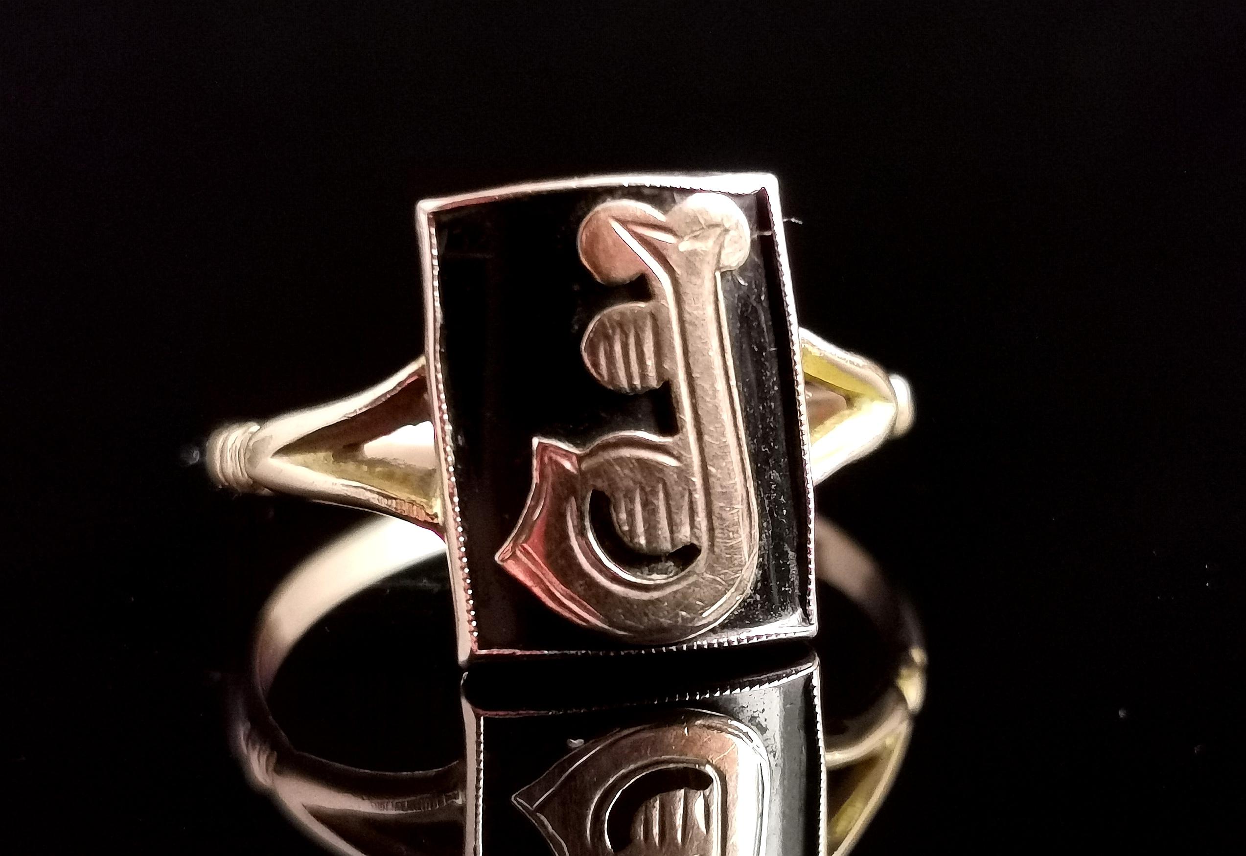 Antique Mourning Ring, 9k Rose Gold, Onyx, Initial J, Edwardian 4