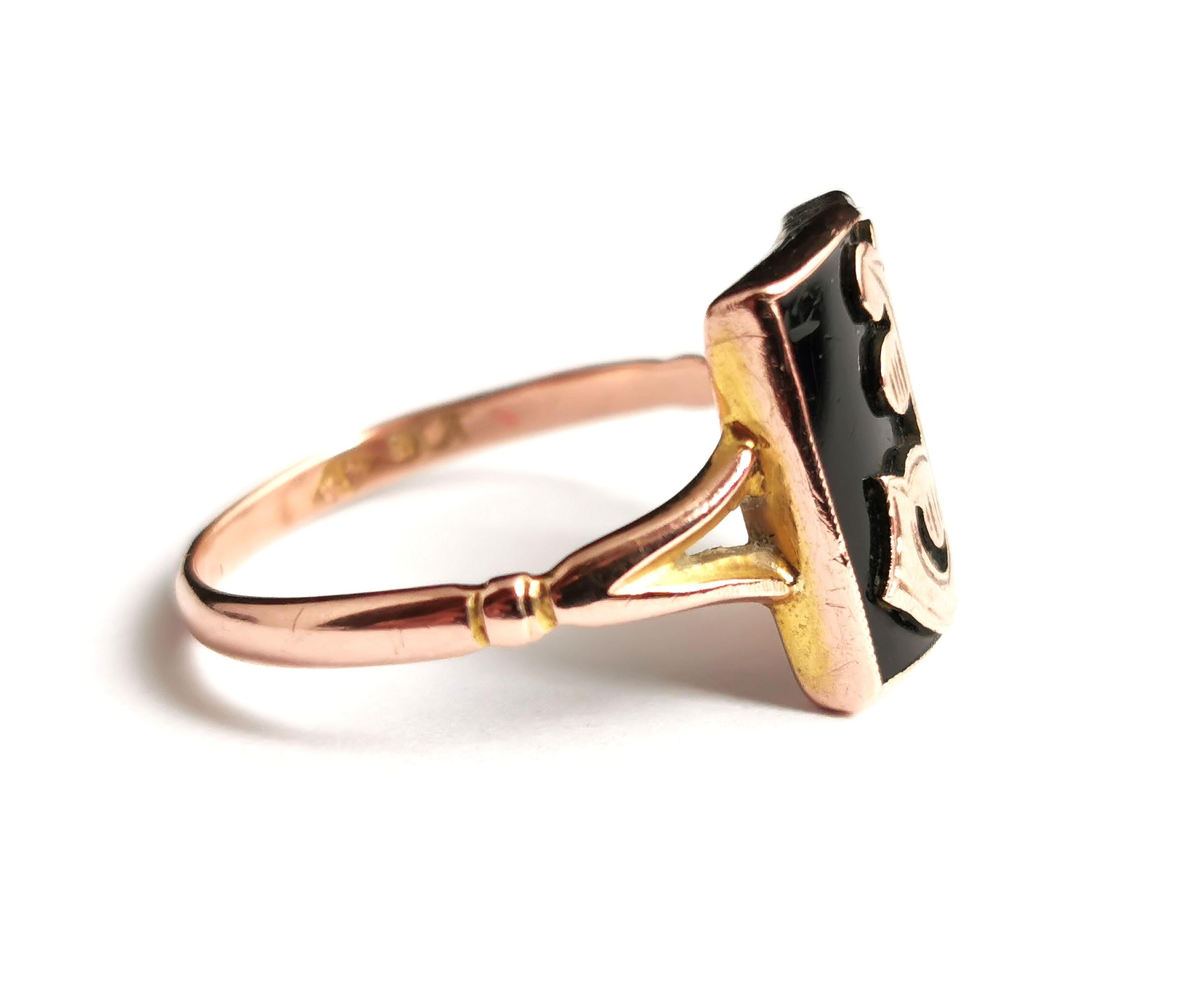 Antique Mourning Ring, 9k Rose Gold, Onyx, Initial J, Edwardian 7
