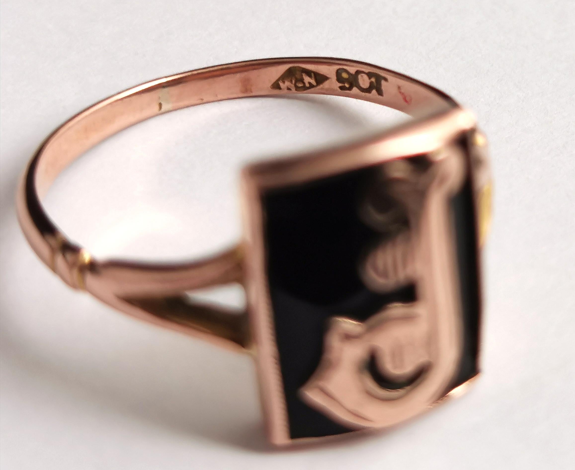 Antique Mourning Ring, 9k Rose Gold, Onyx, Initial J, Edwardian 8