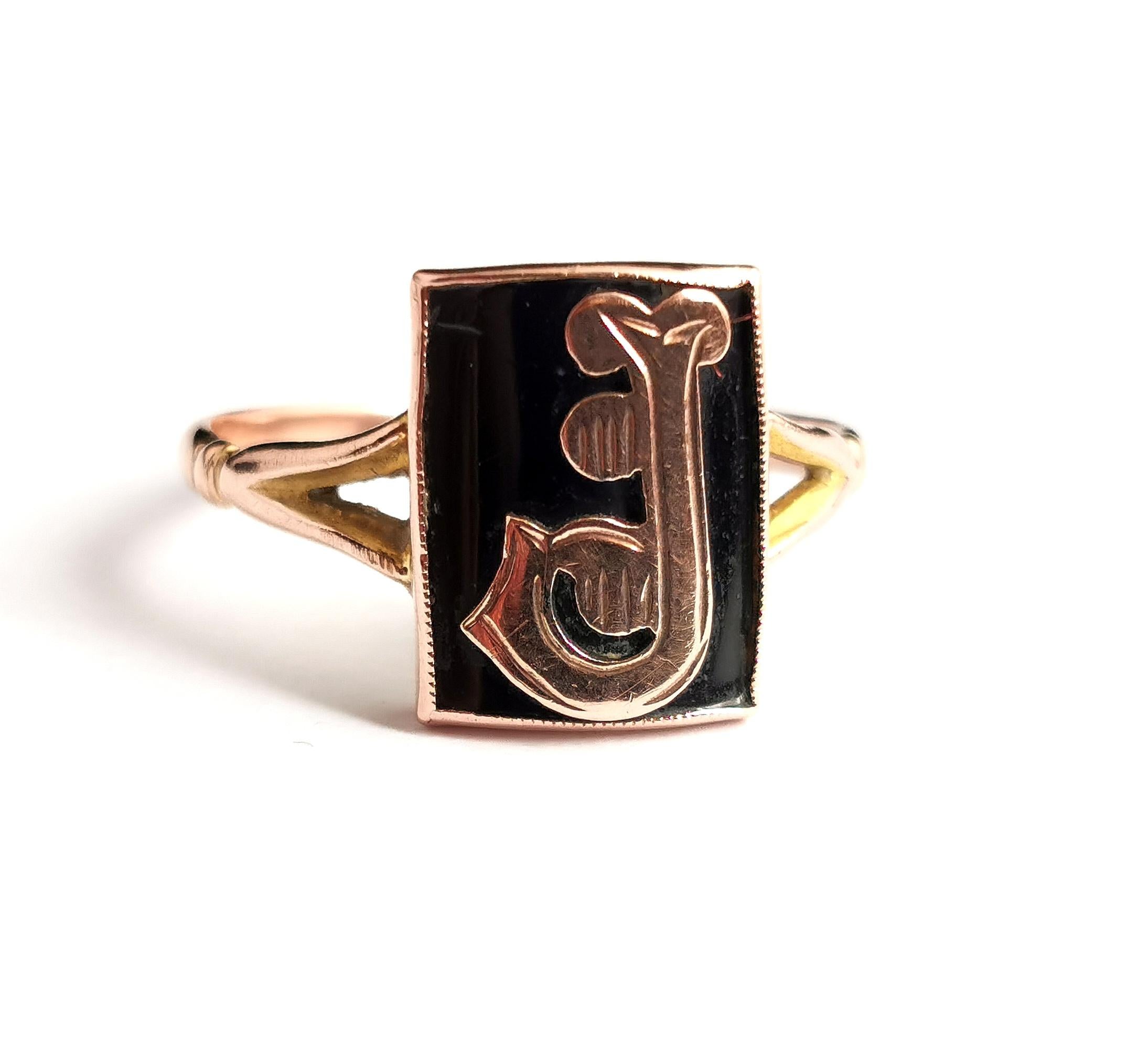 Antique Mourning Ring, 9k Rose Gold, Onyx, Initial J, Edwardian 9