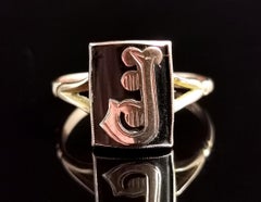 Antique Mourning Ring, 9k Rose Gold, Onyx, Initial J, Edwardian