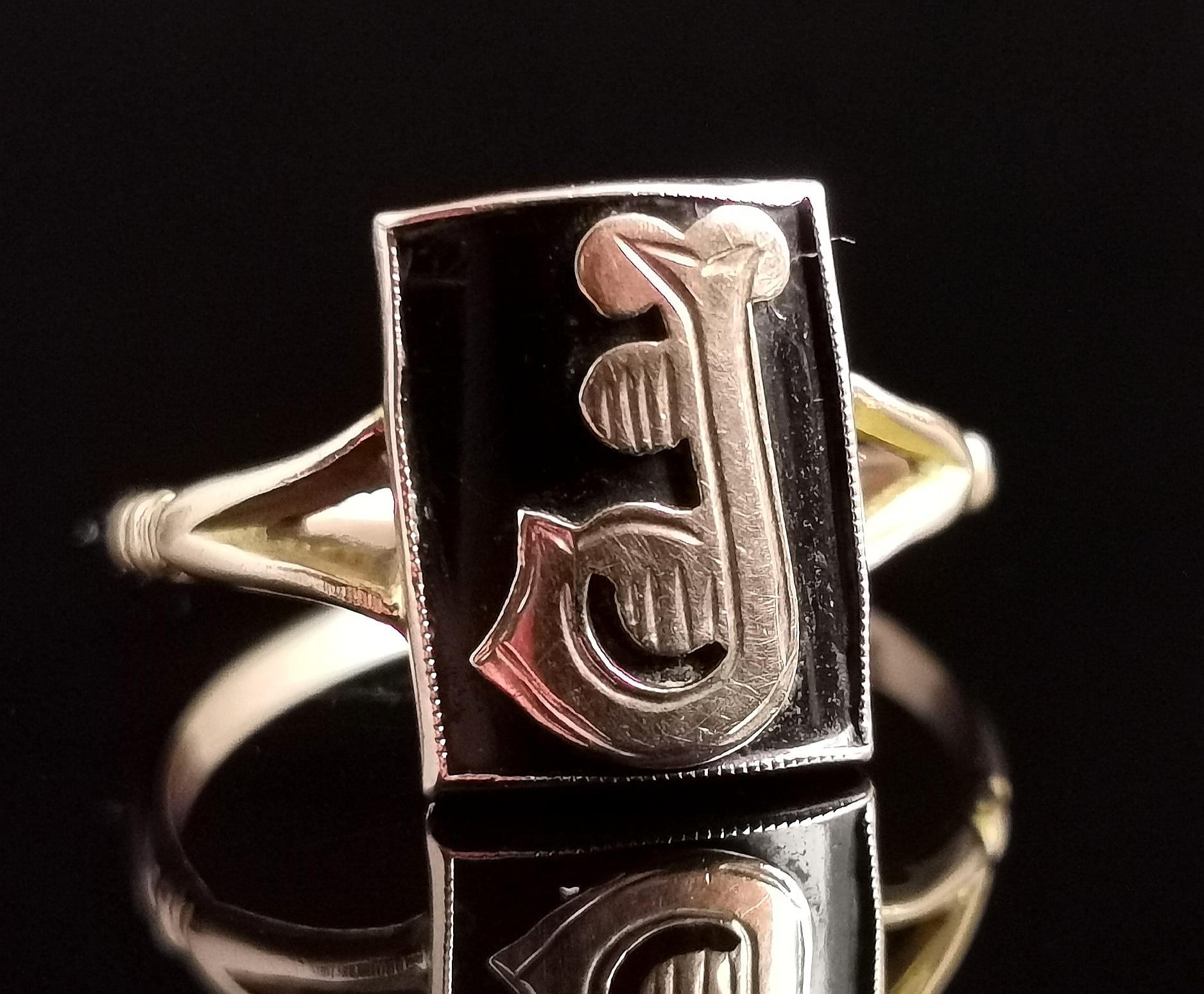 Cabochon Antique Mourning Ring, 9k Rose Gold, Onyx, Initial J, Edwardian